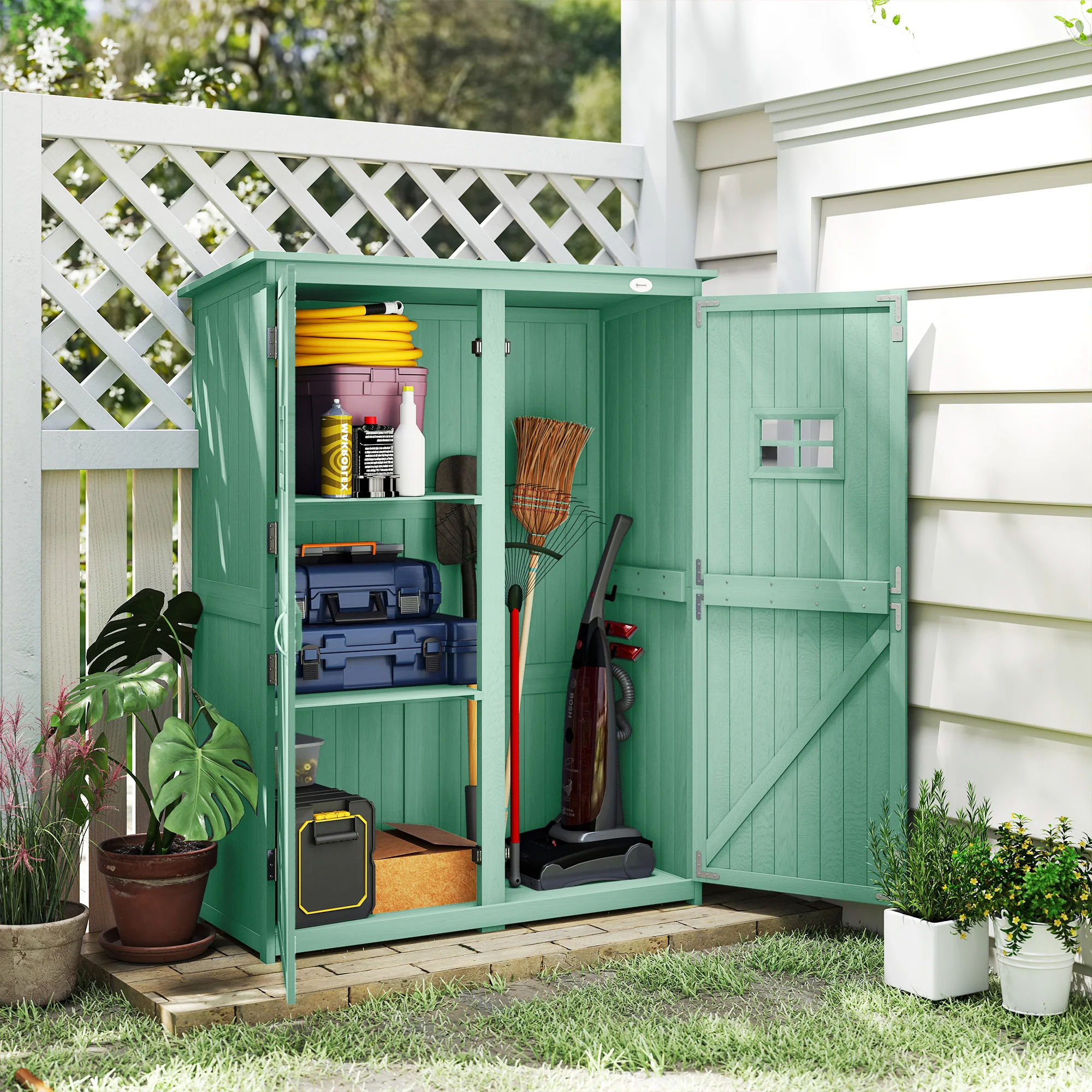Outsunny Wooden Garden Shed Tool Storage Cabinet Double Door Shelf Green - Image 2