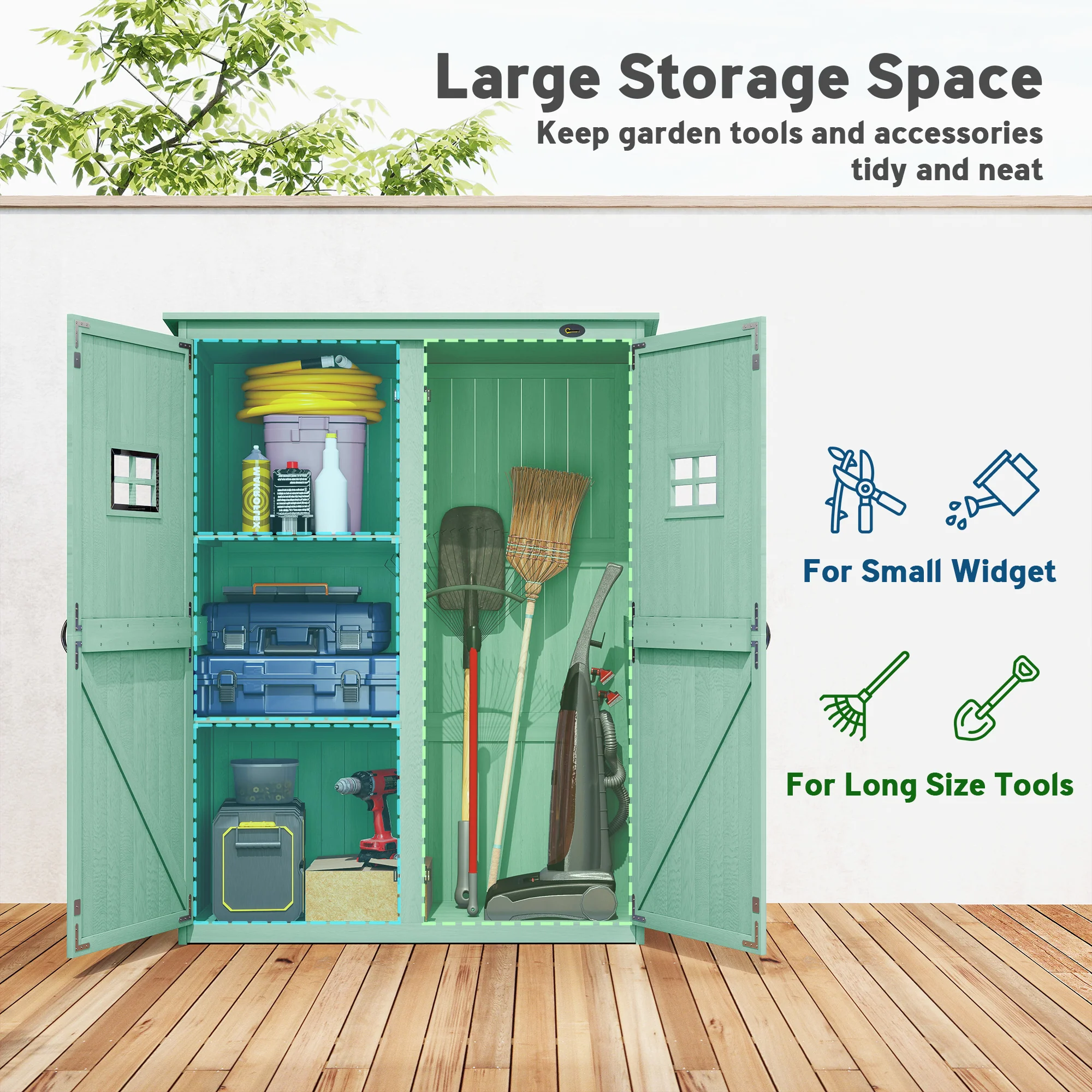 Outsunny Wooden Garden Shed Tool Storage Cabinet Double Door Shelf Green - Image 3