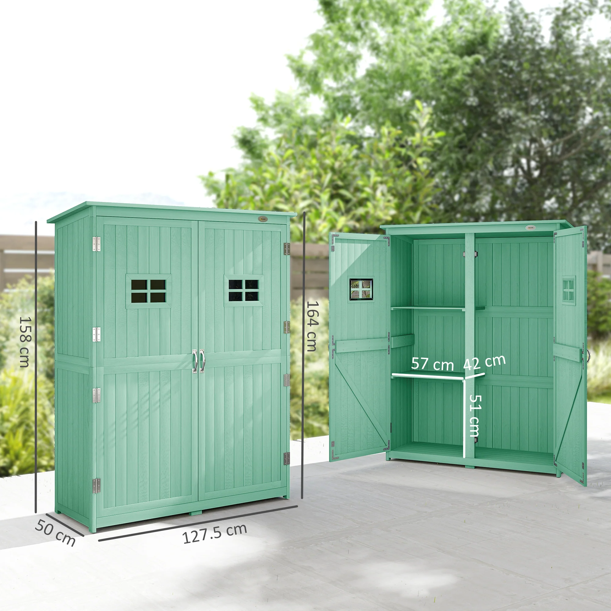 Outsunny Wooden Garden Shed Tool Storage Cabinet Double Door Shelf Green - Image 5