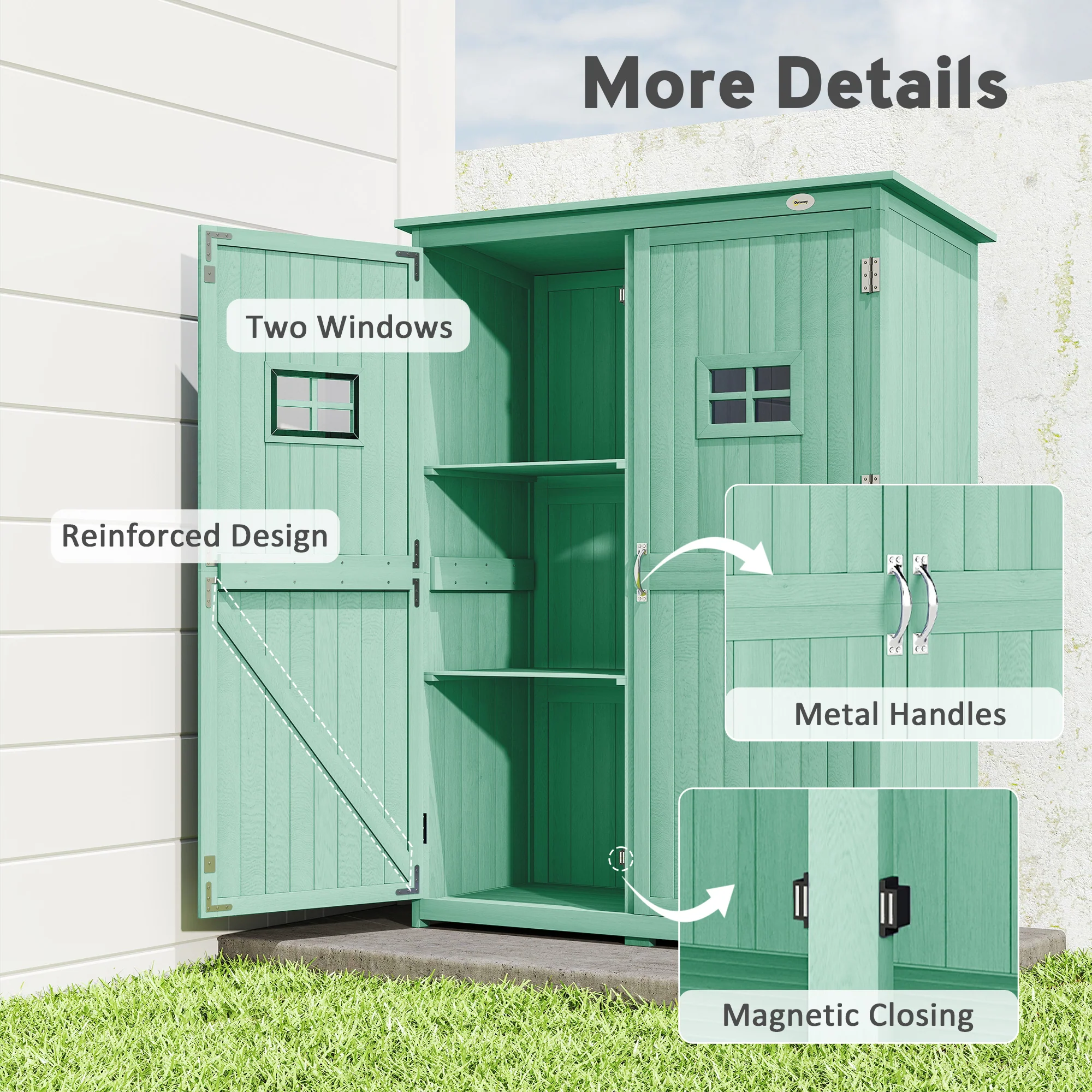 Outsunny Wooden Garden Shed Tool Storage Cabinet Double Door Shelf Green - Image 6