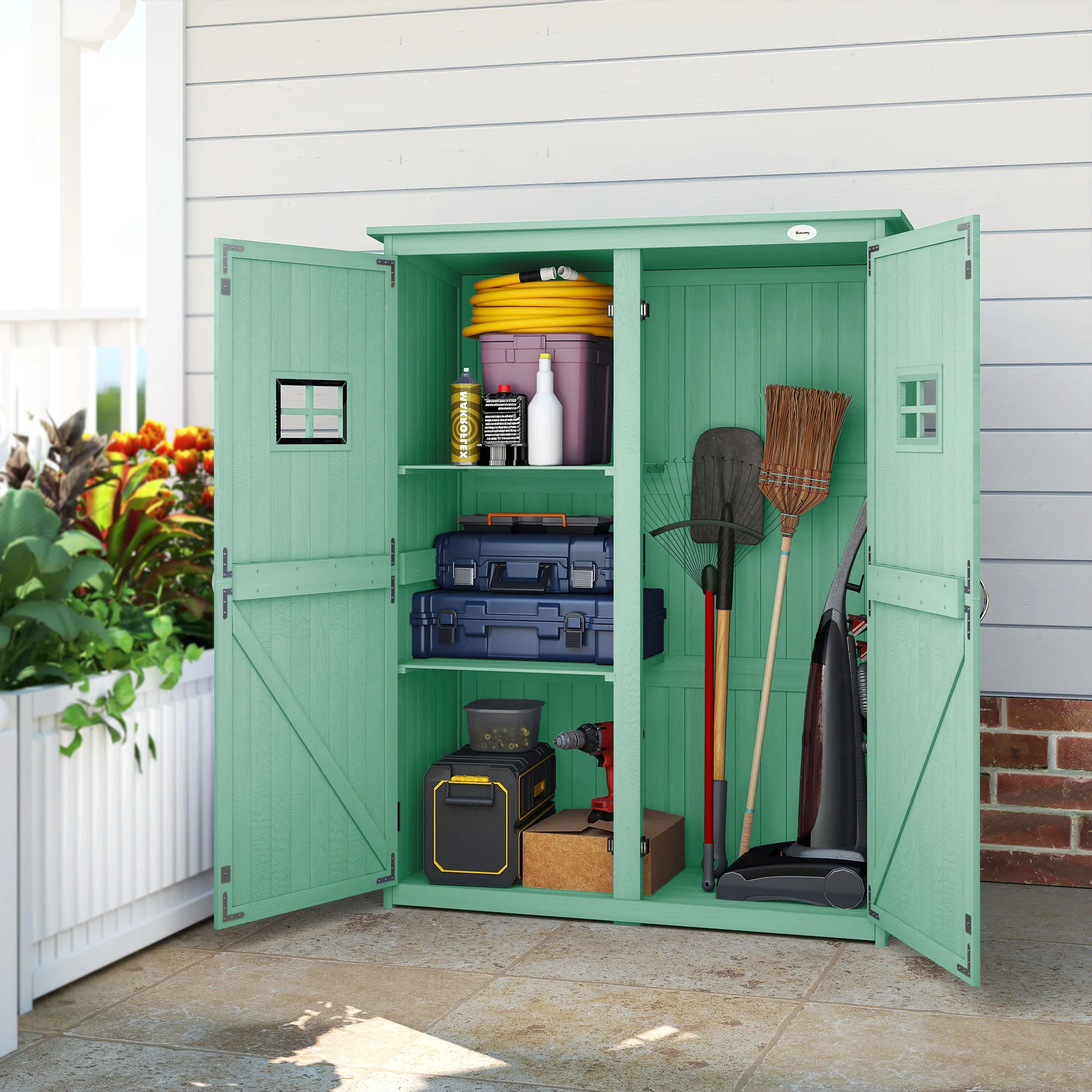 Outsunny Wooden Garden Shed Tool Storage Cabinet Double Door Shelf Green - Image 7