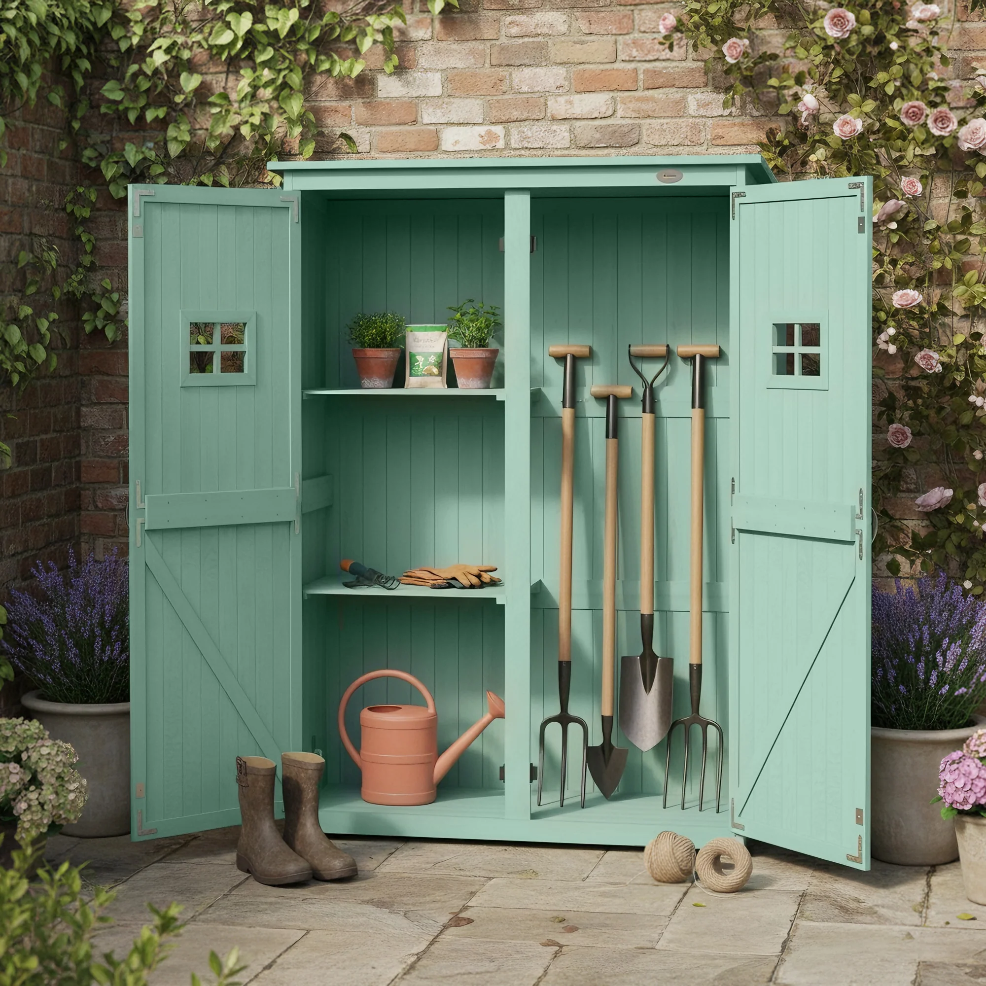 Outsunny Wooden Garden Shed Tool Storage Cabinet Double Door Shelf Green - Image 8