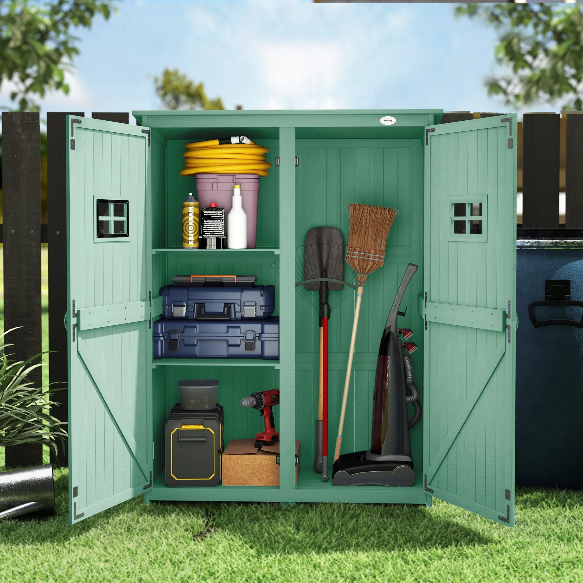 Outsunny Wooden Garden Shed Tool Storage Cabinet Double Door Shelf Green - Image 9