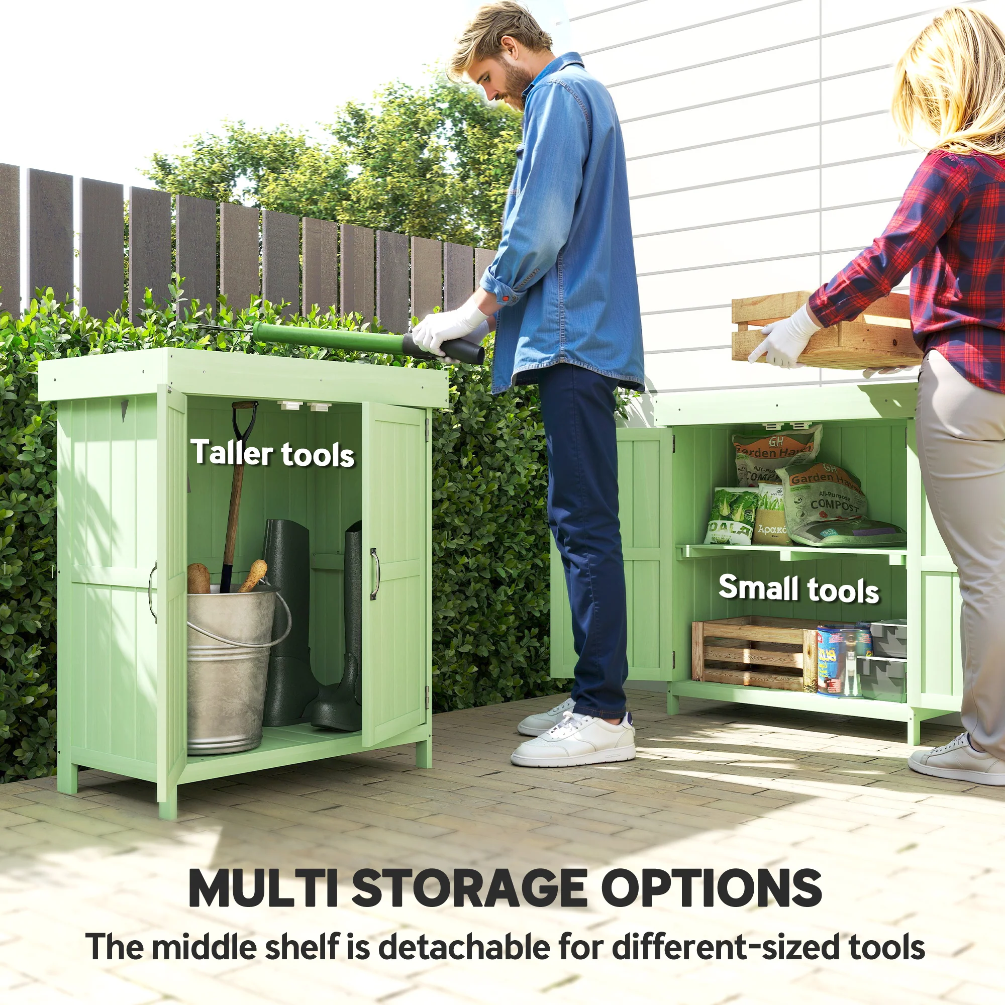 Outsunny Wooden Garden Shed W/ Hinged Roof, 74x43x88cm, Light Green - Image 5