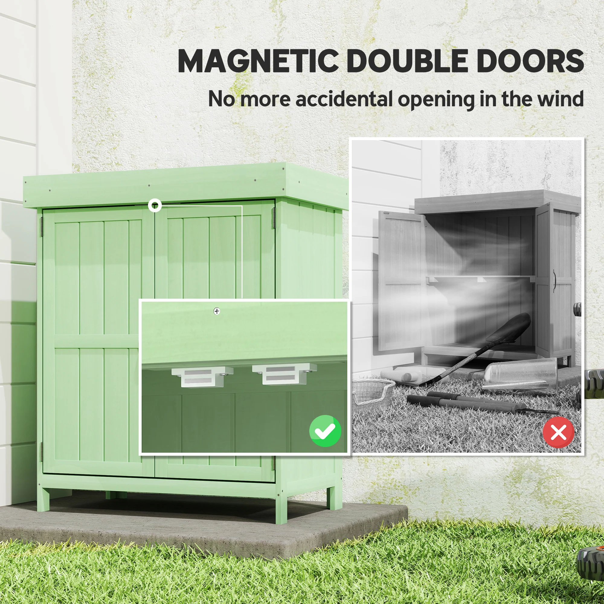 Outsunny Wooden Garden Shed W/ Hinged Roof, 74x43x88cm, Light Green - Image 6