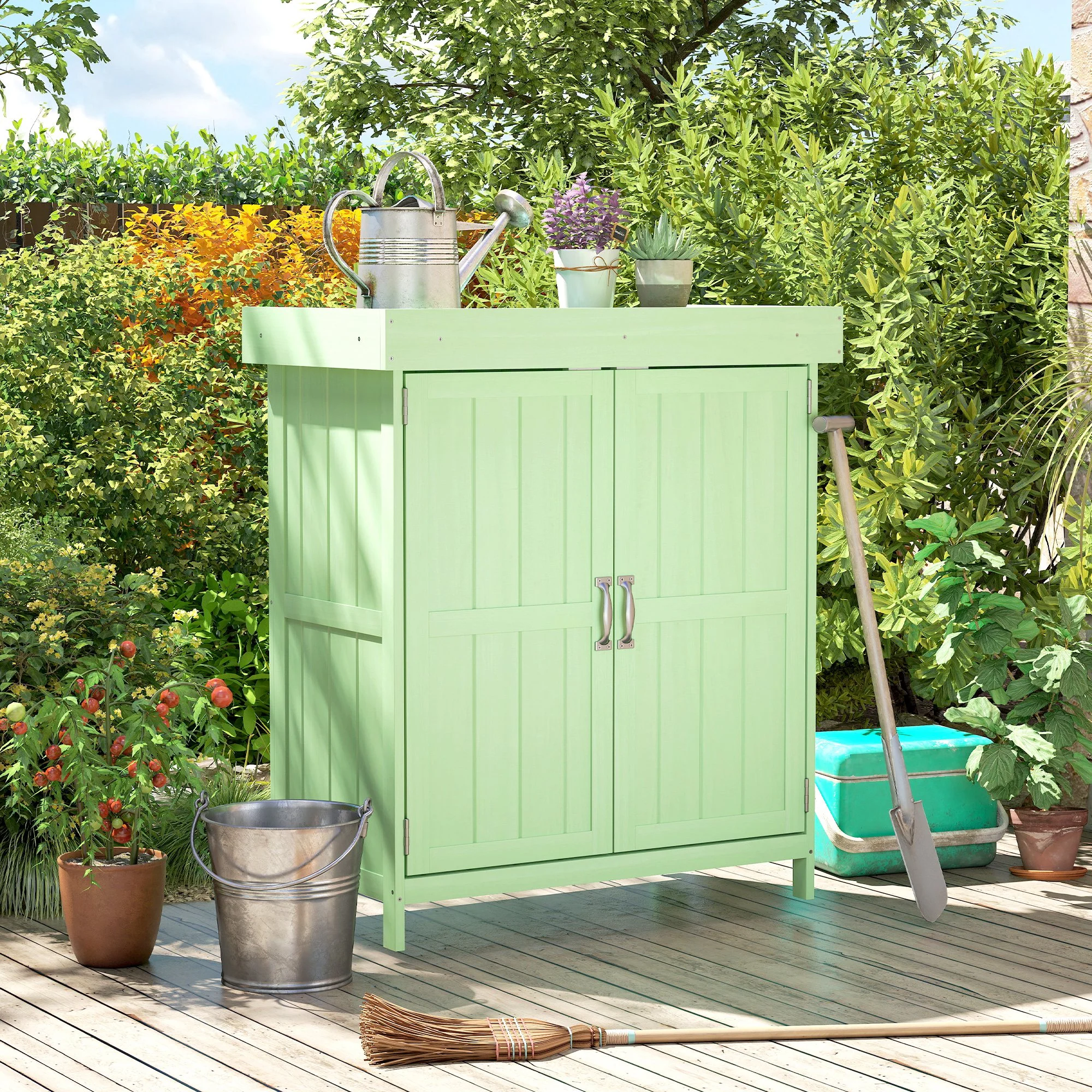 Outsunny Wooden Garden Shed W/ Hinged Roof, 74x43x88cm, Light Green - Image 9