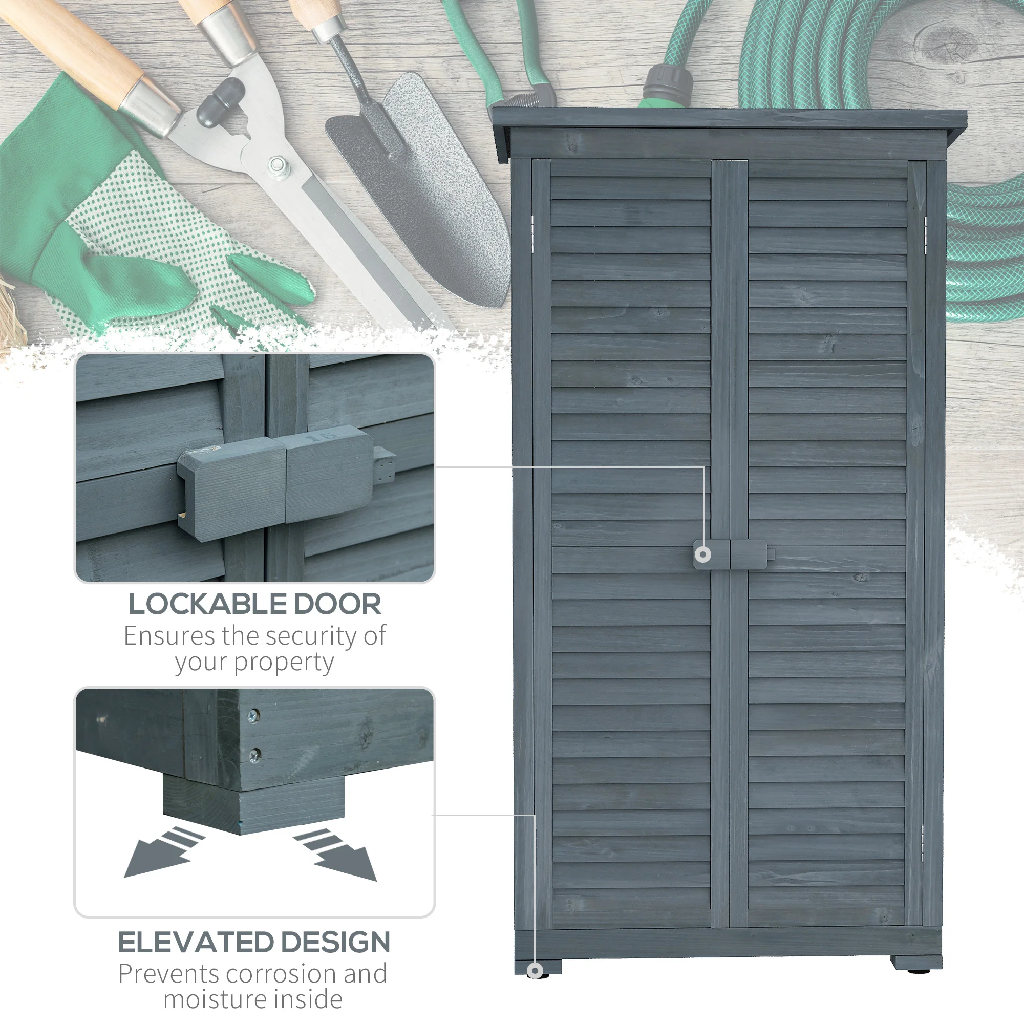 Outsunny Wooden Garden Storage Shed, 3 Shelves Tool Cabinet, Grey - Image 6