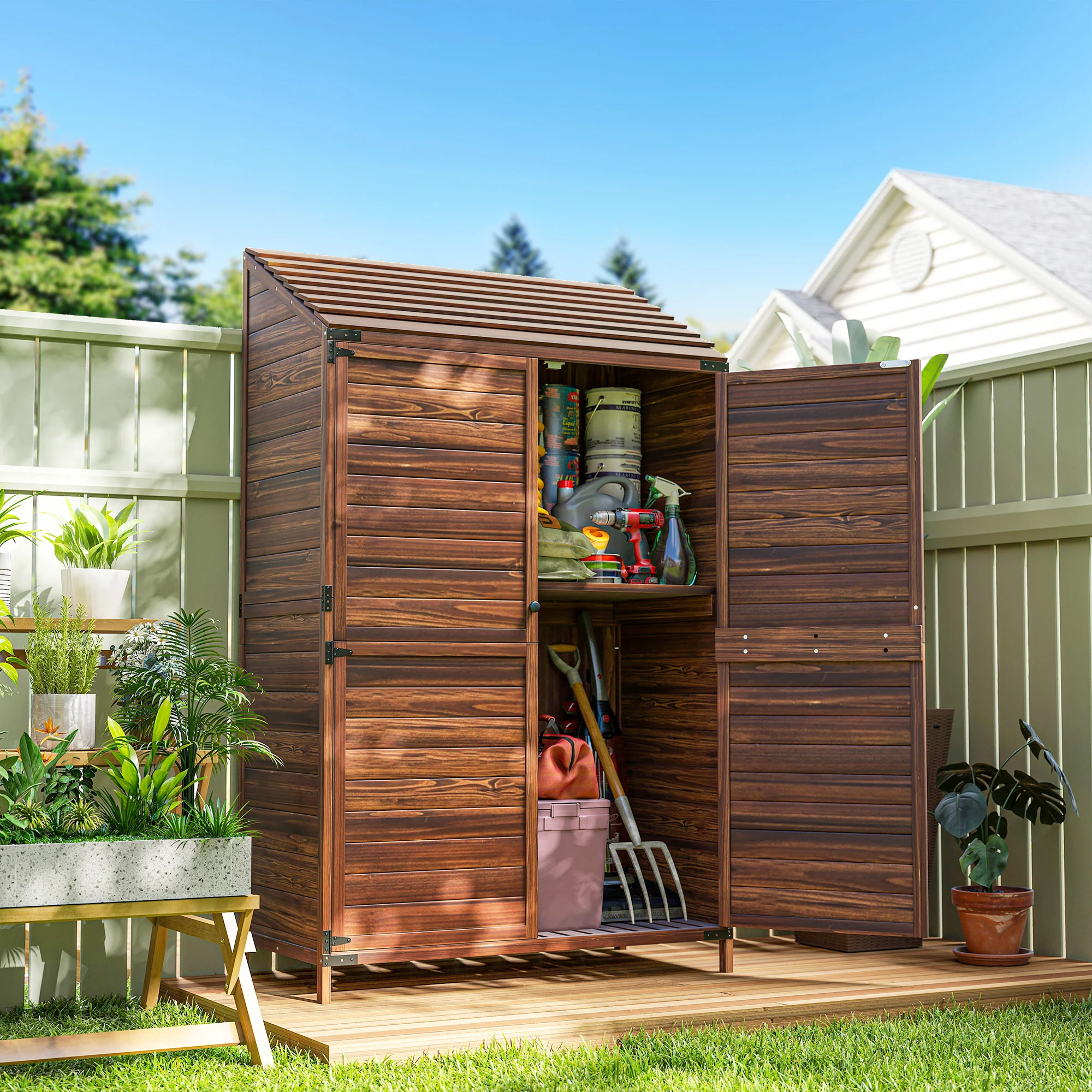 Outsunny Wooden Garden Storage Shed w/Double Doors and Shelves, Mixed-Brown - Image 2