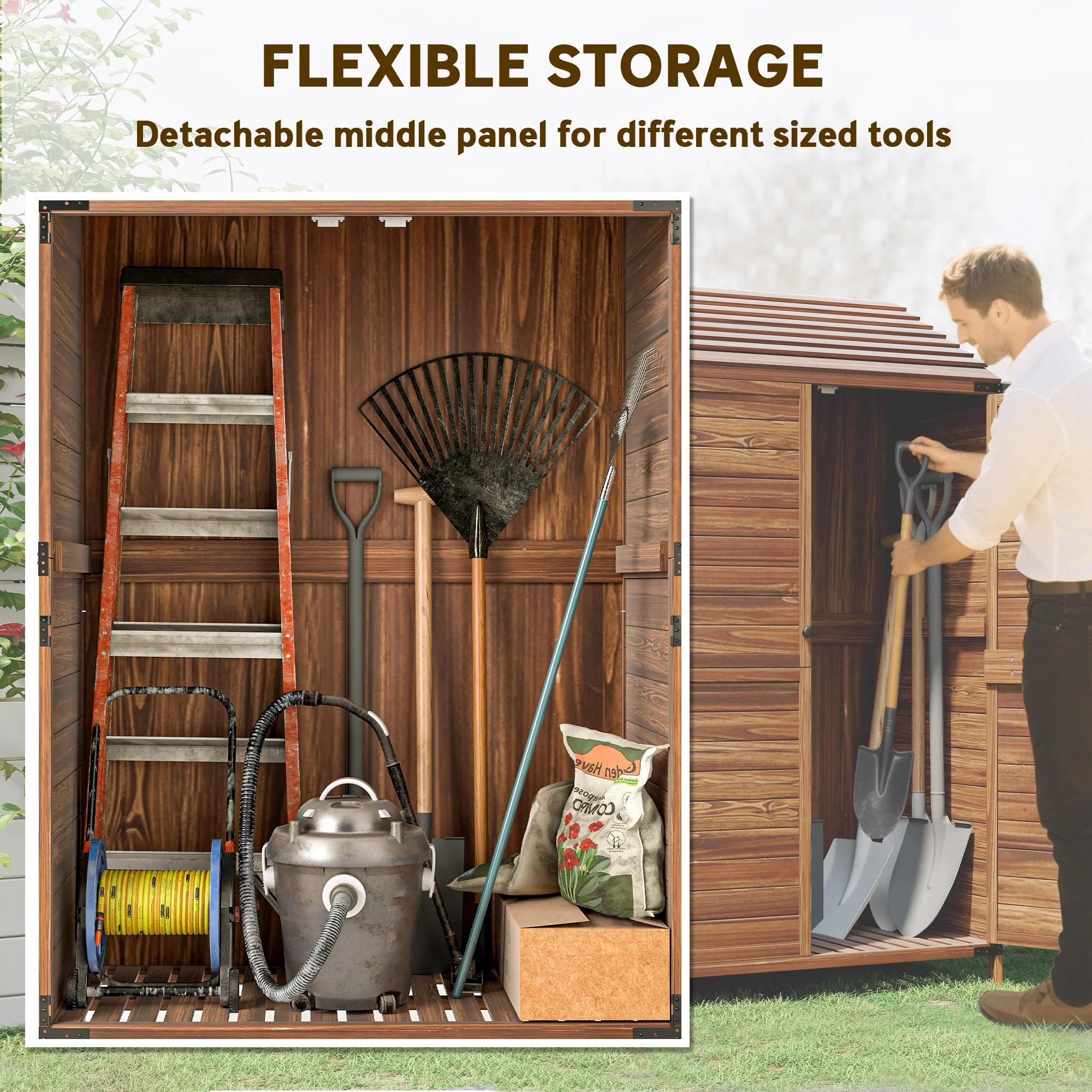 Outsunny Wooden Garden Storage Shed w/Double Doors and Shelves, Mixed-Brown - Image 3