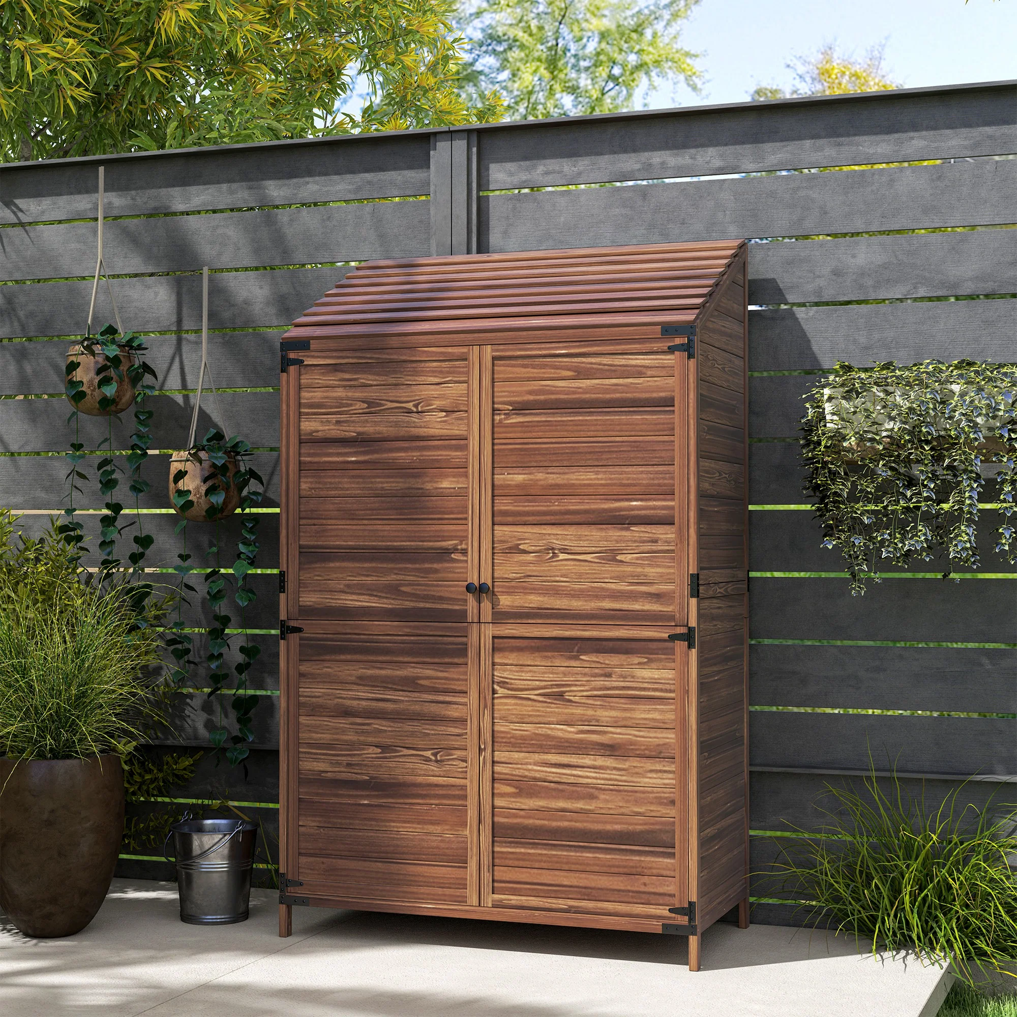 Outsunny Wooden Garden Storage Shed w/Double Doors and Shelves, Mixed-Brown - Image 9