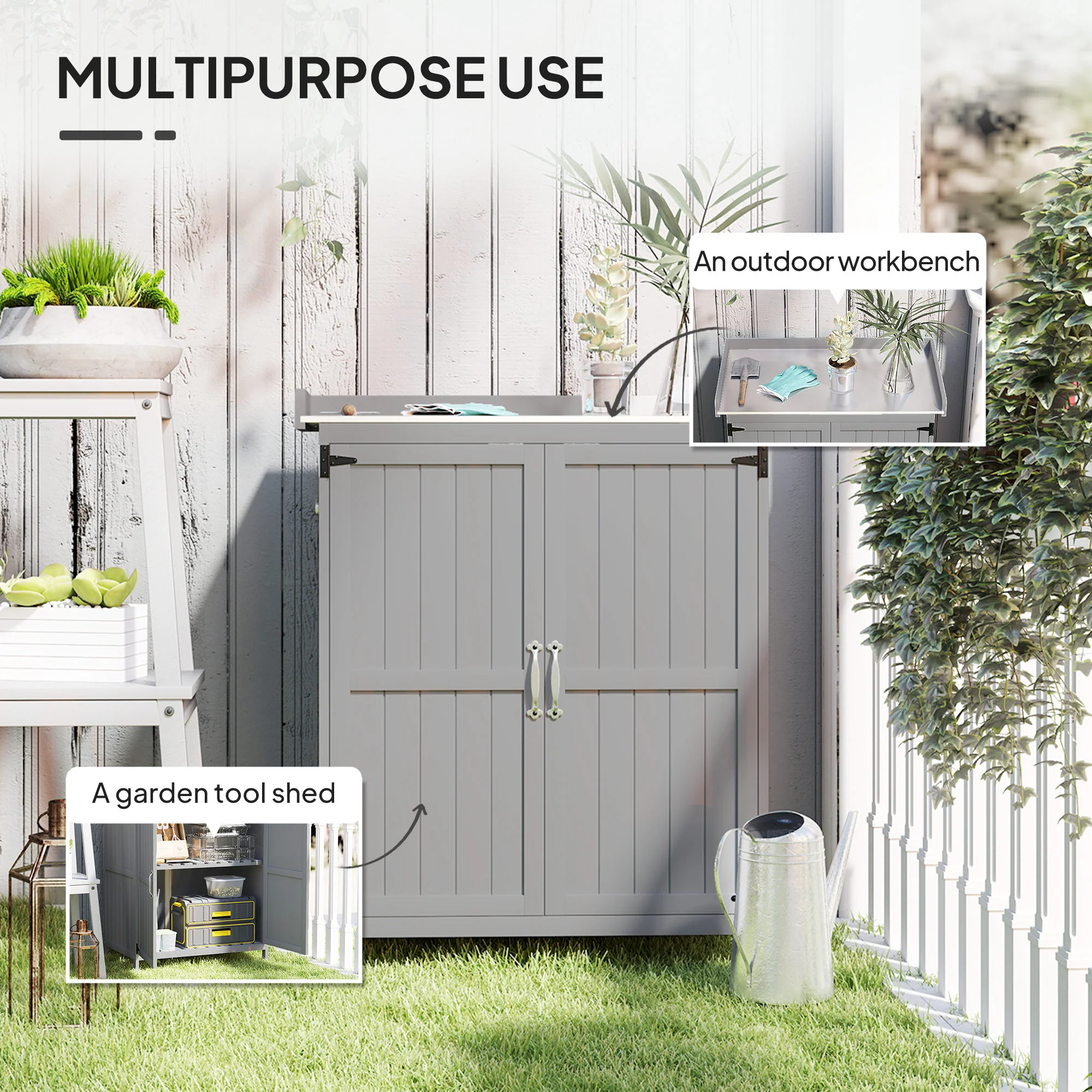 Outsunny Wooden Garden Storage Shed W/Hinged Roof And Shelf, Grey - Image 3