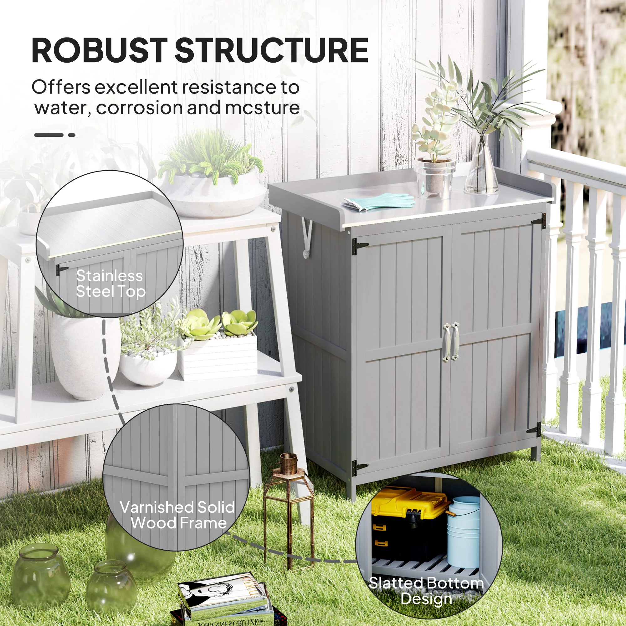 Outsunny Wooden Garden Storage Shed W/Hinged Roof And Shelf, Grey - Image 7