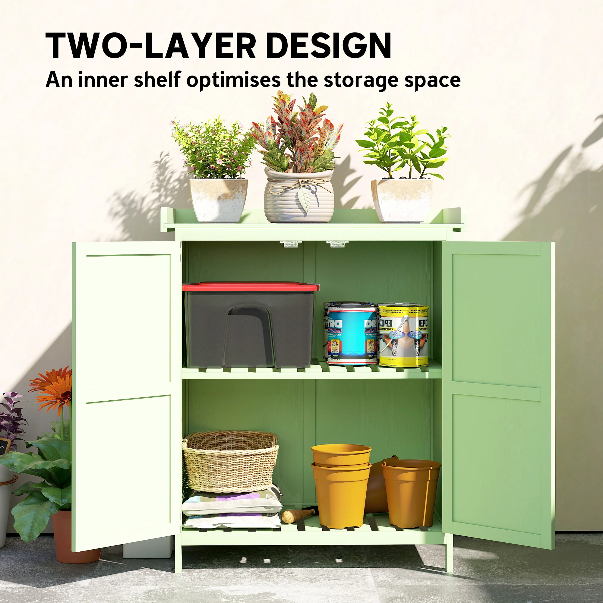 Outsunny Wooden Garden Storage Shed w/Hinged Roof and Shelf, Light Green - Image 6