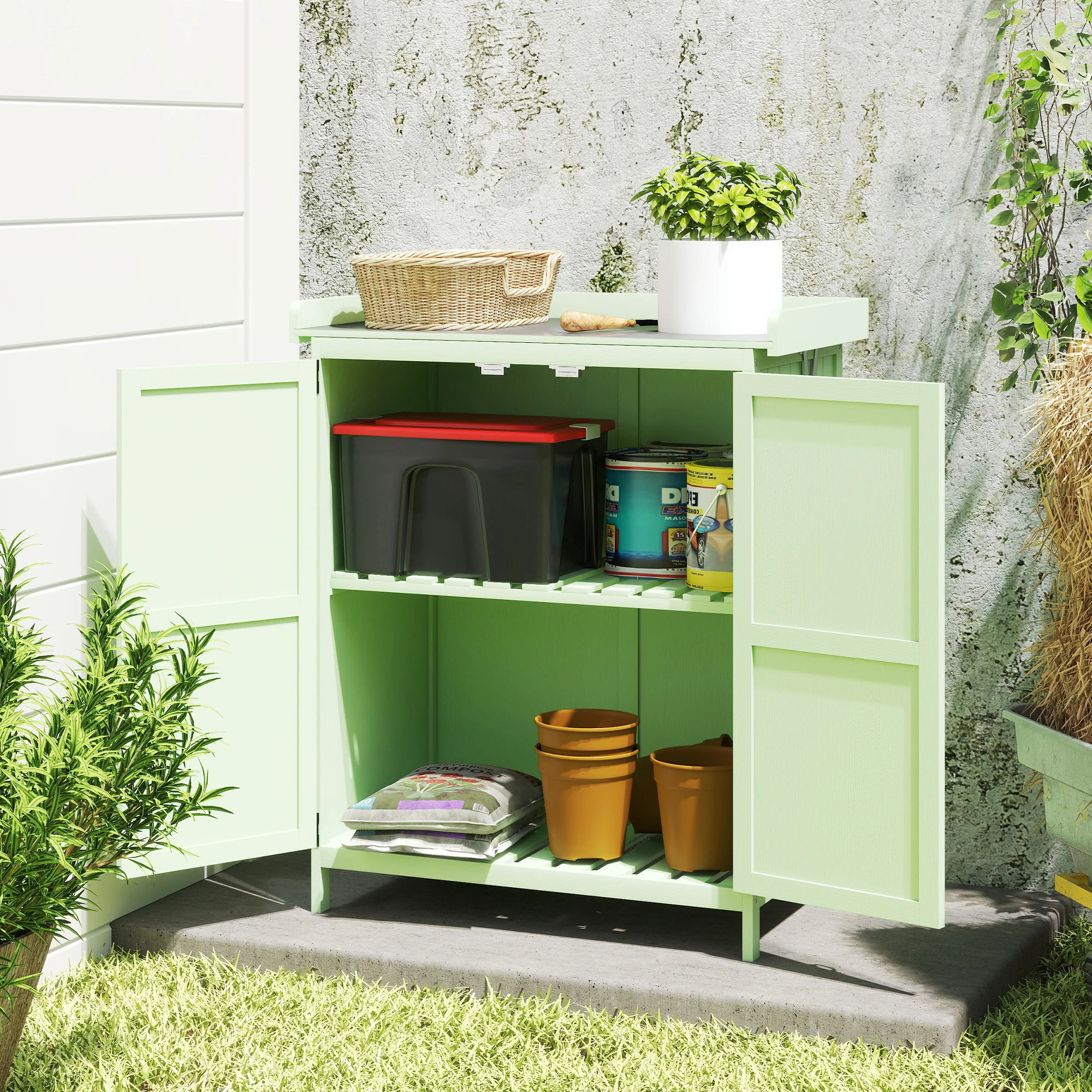 Outsunny Wooden Garden Storage Shed w/Hinged Roof and Shelf, Light Green - Image 8