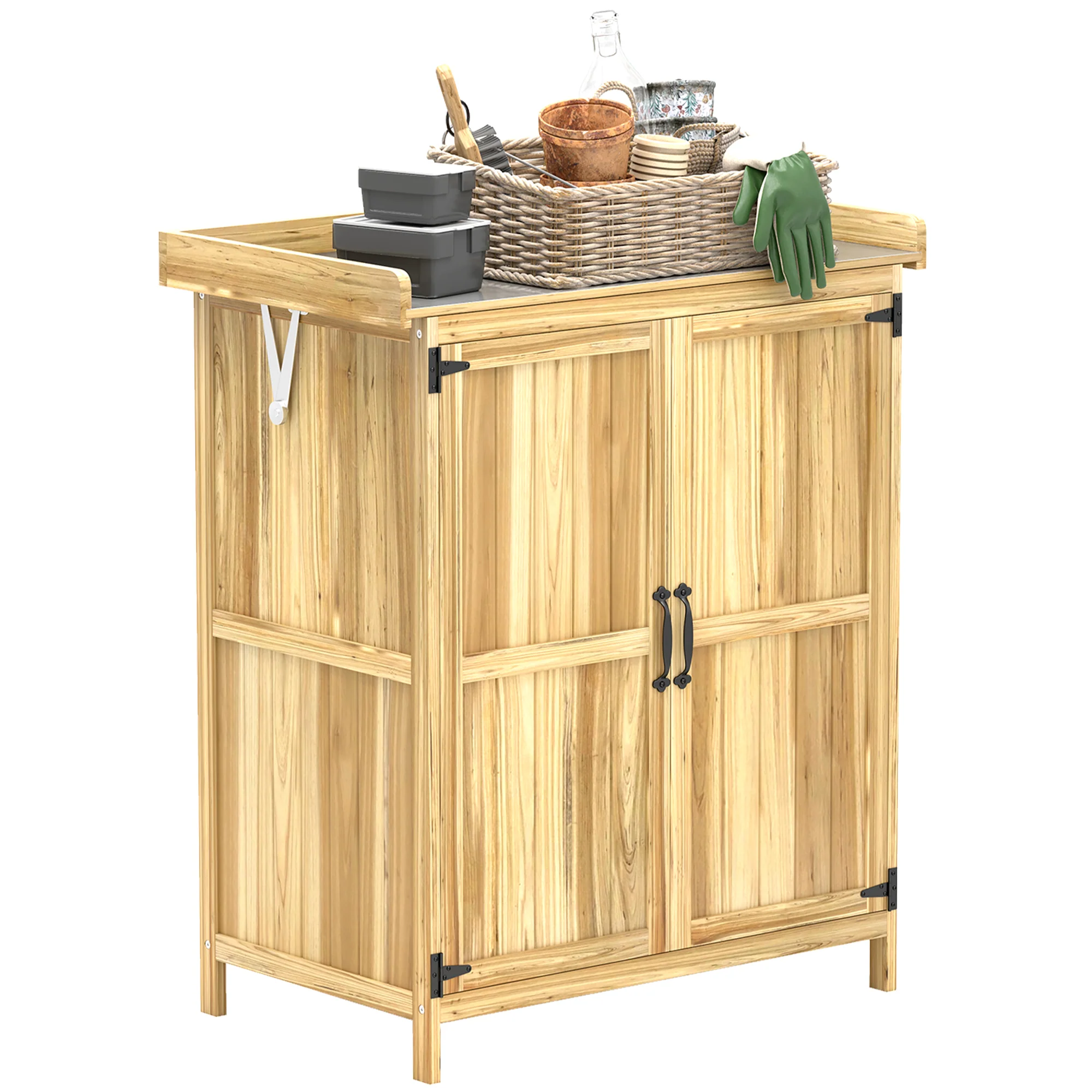 Outsunny Wooden Garden Storage Shed w/Hinged Roof and Shelf, Natural Wood