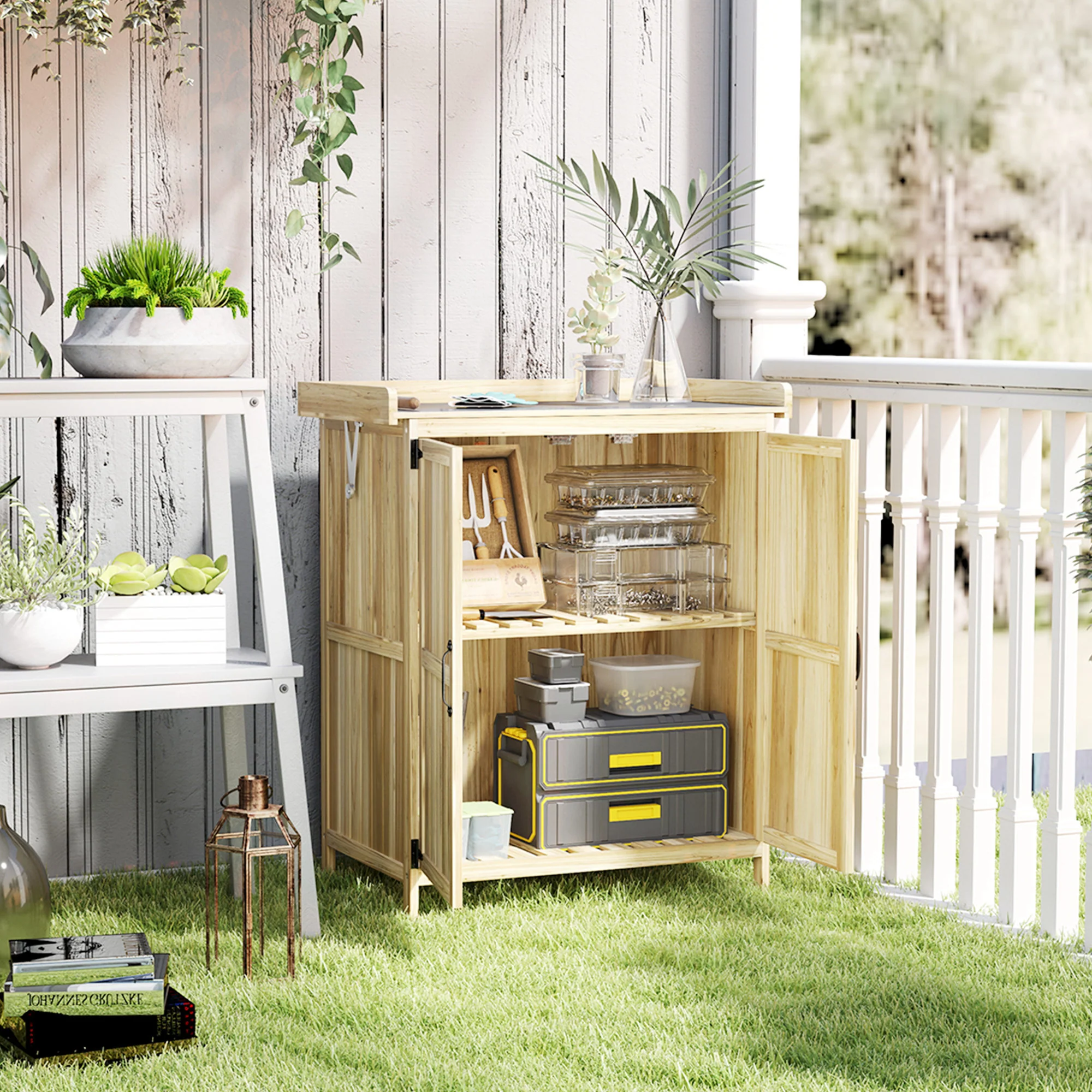 Outsunny Wooden Garden Storage Shed w/Hinged Roof and Shelf, Natural Wood - Image 2
