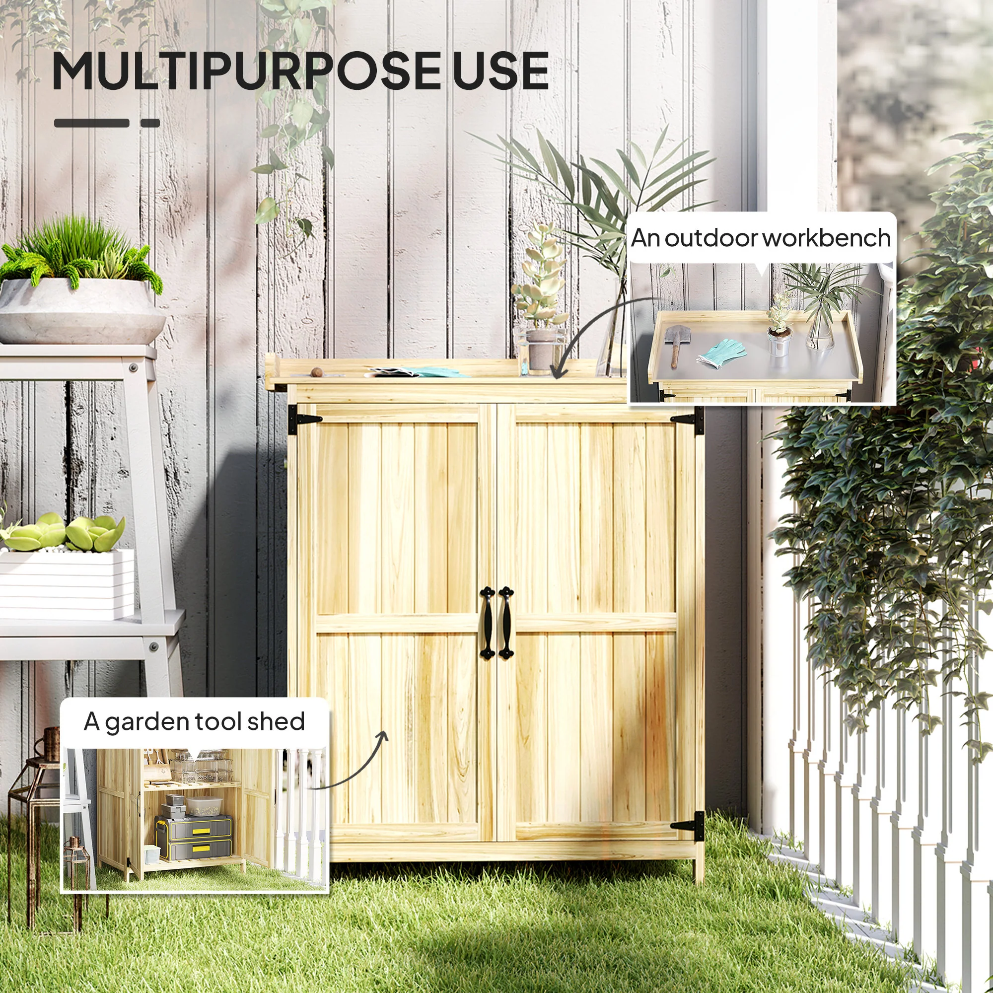 Outsunny Wooden Garden Storage Shed w/Hinged Roof and Shelf, Natural Wood - Image 3