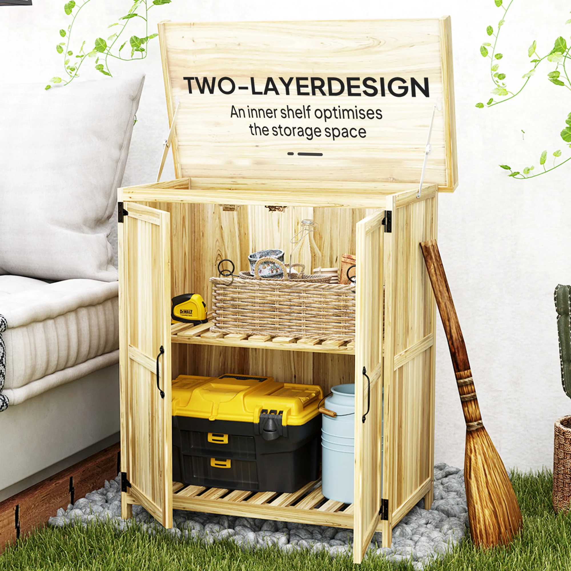 Outsunny Wooden Garden Storage Shed w/Hinged Roof and Shelf, Natural Wood - Image 6