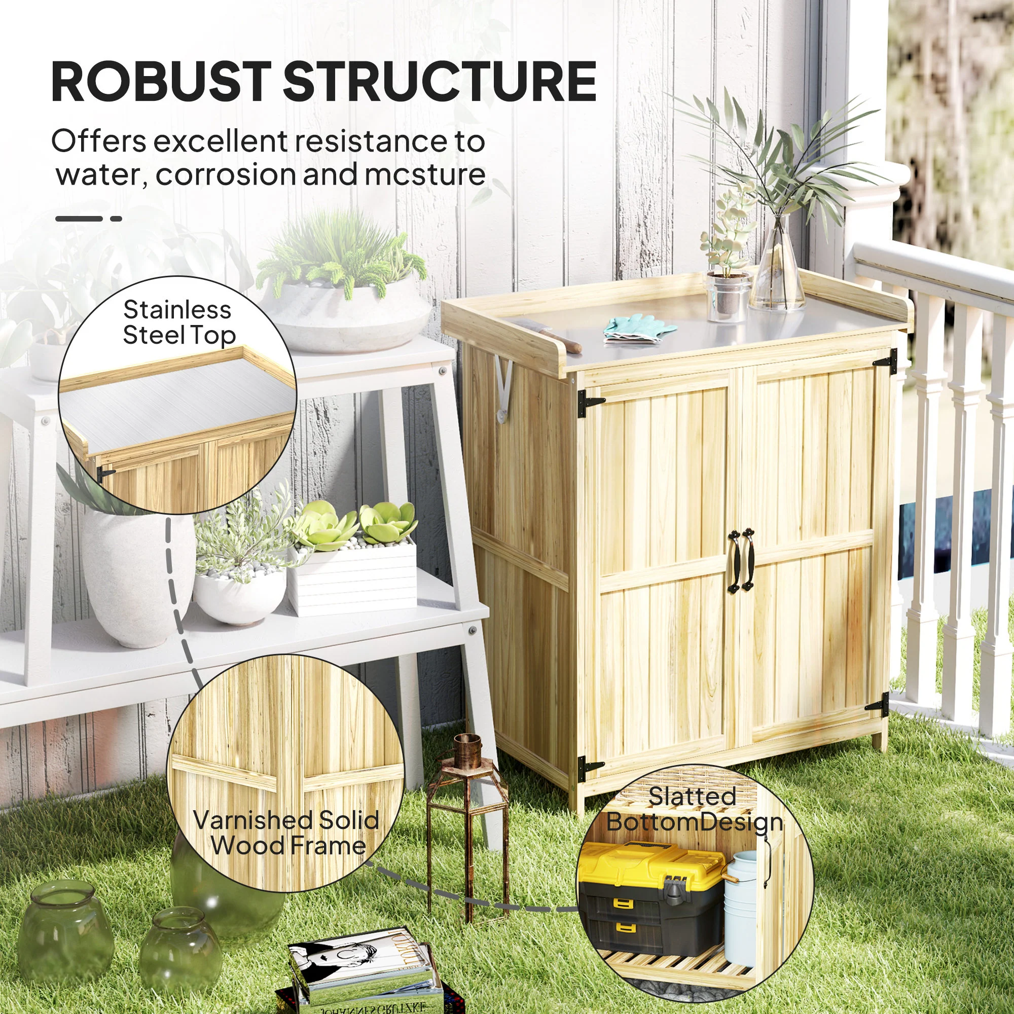 Outsunny Wooden Garden Storage Shed w/Hinged Roof and Shelf, Natural Wood - Image 7