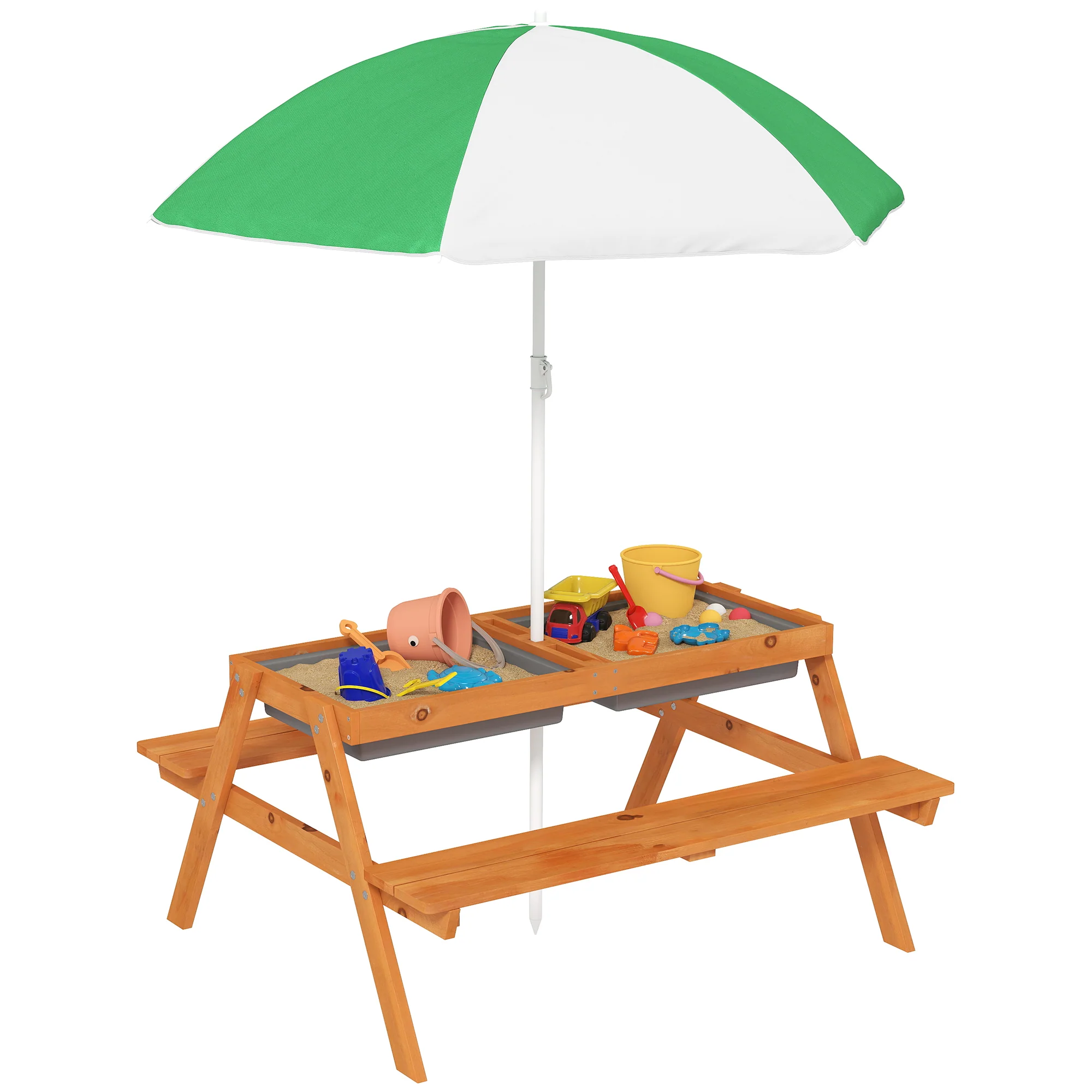 Outsunny Wooden Kids Picnic Table, Sand And Water Table With Benches, Brown