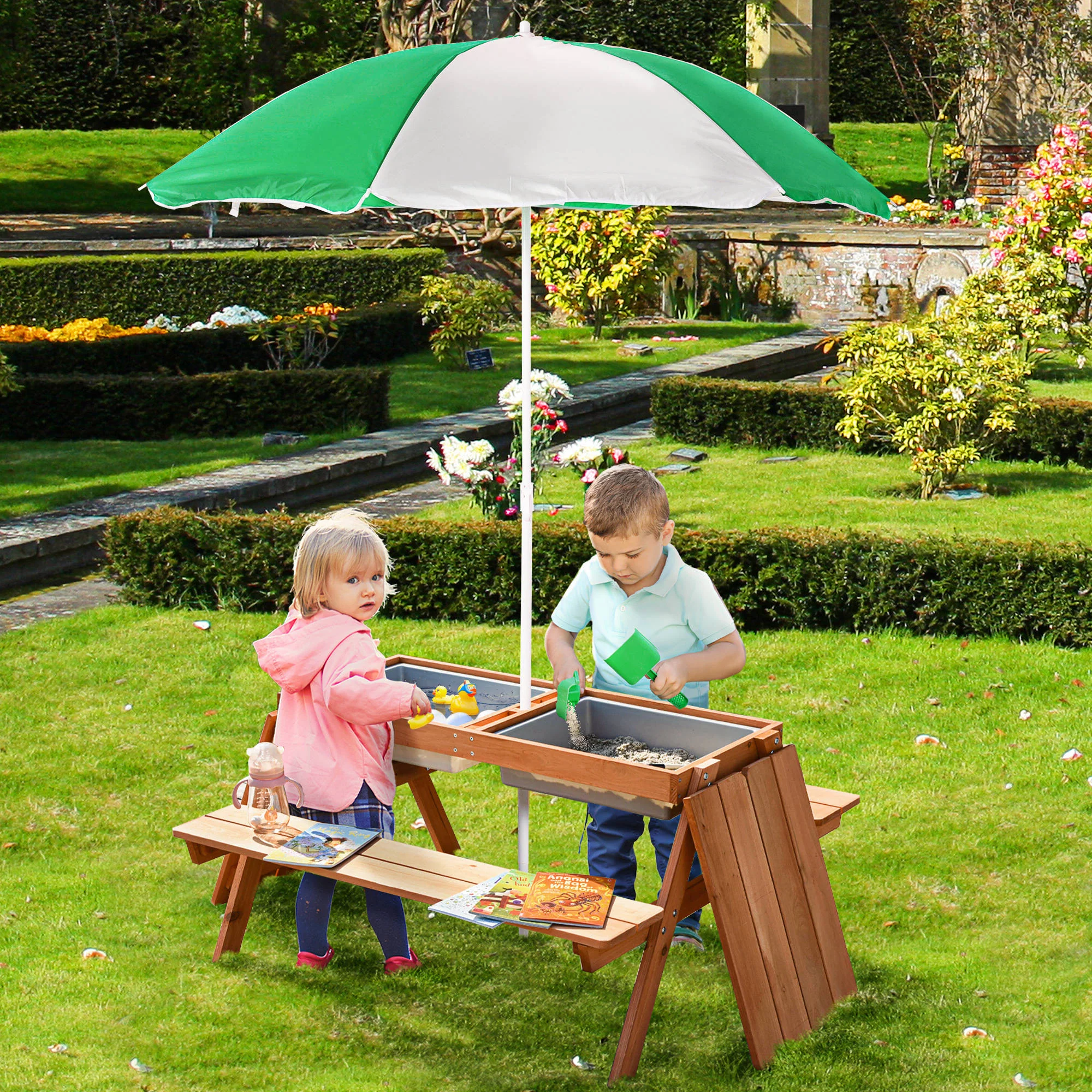 Outsunny Wooden Kids Picnic Table, Sand And Water Table With Benches, Brown - Image 2