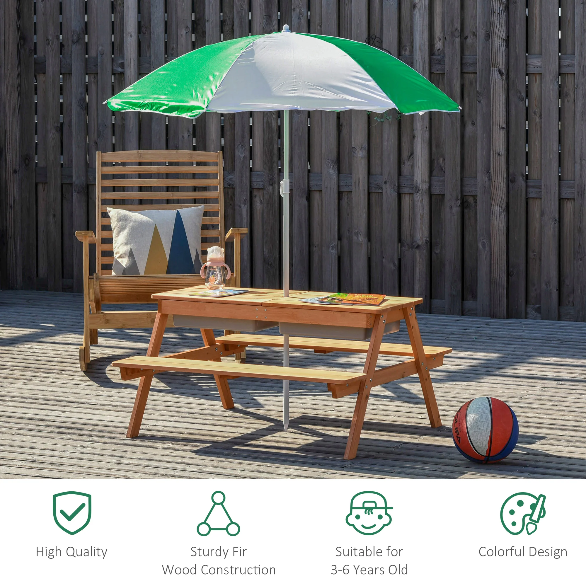 Outsunny Wooden Kids Picnic Table, Sand And Water Table With Benches, Brown - Image 3