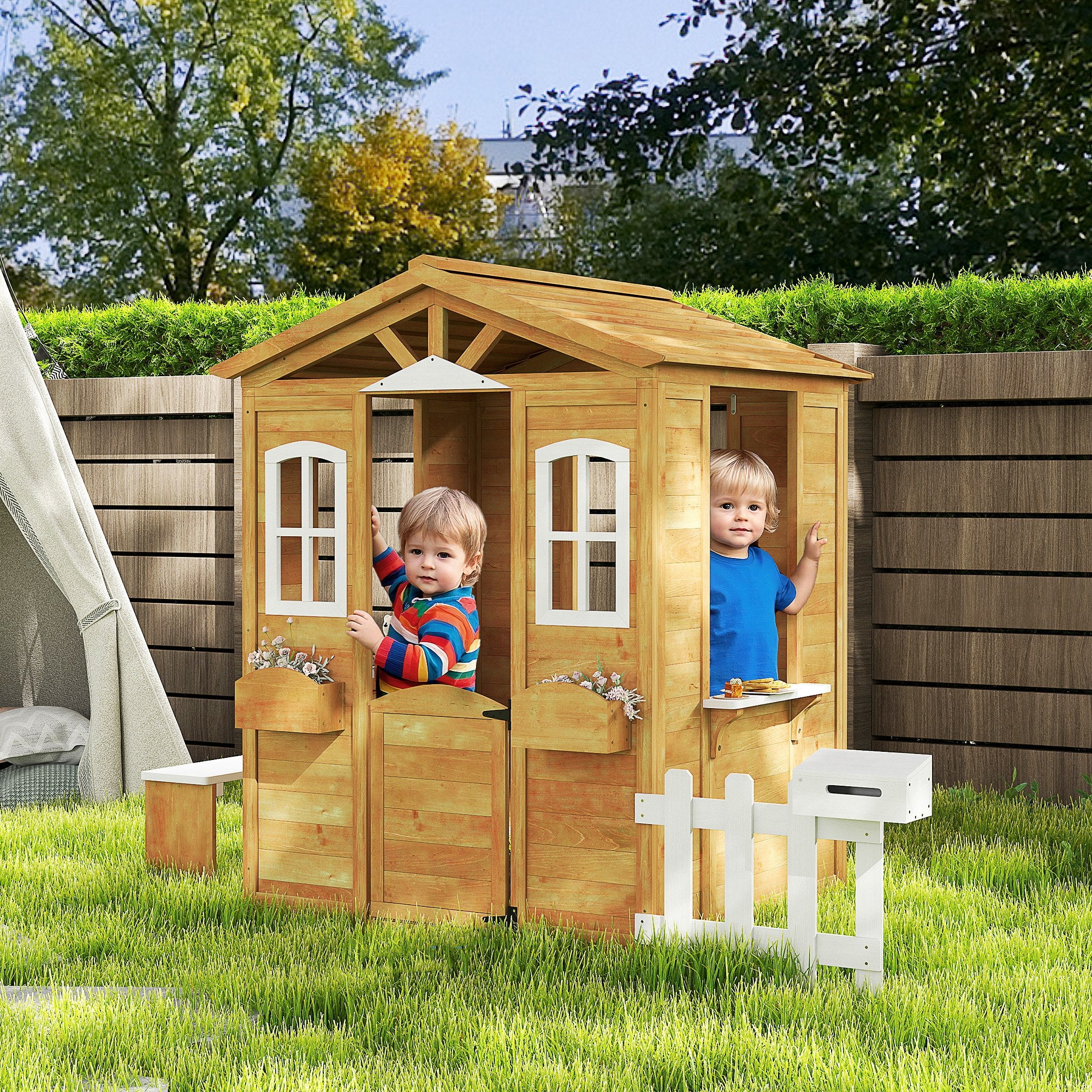 Outsunny Wooden Outdoor Playhouse w/ Door Windows Bench for Kids Children - Image 2