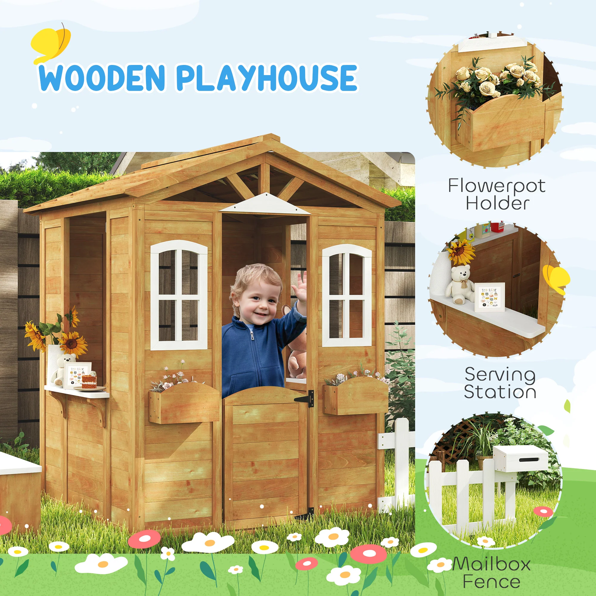Outsunny Wooden Outdoor Playhouse w/ Door Windows Bench for Kids Children - Image 3
