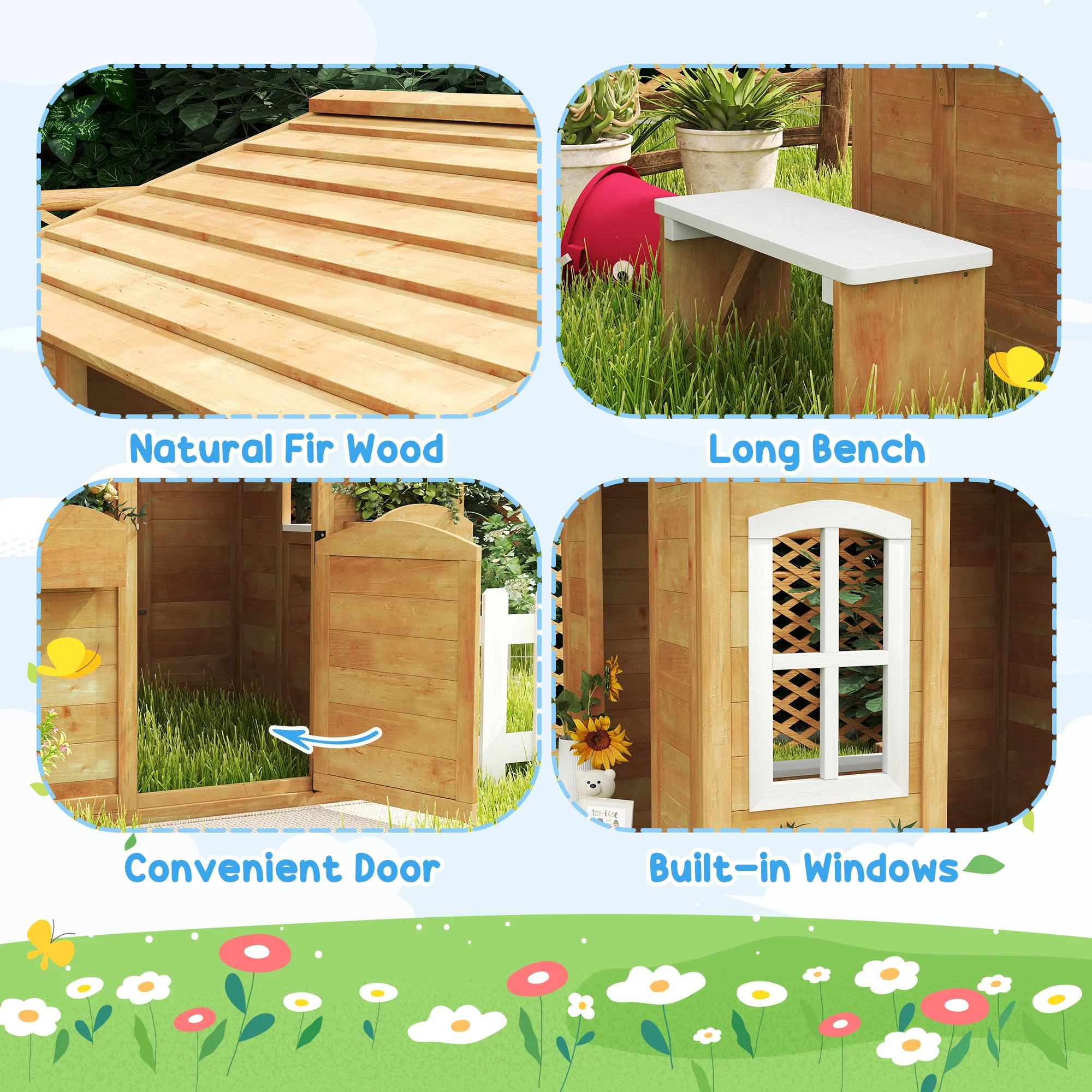 Outsunny Wooden Outdoor Playhouse w/ Door Windows Bench for Kids Children - Image 4