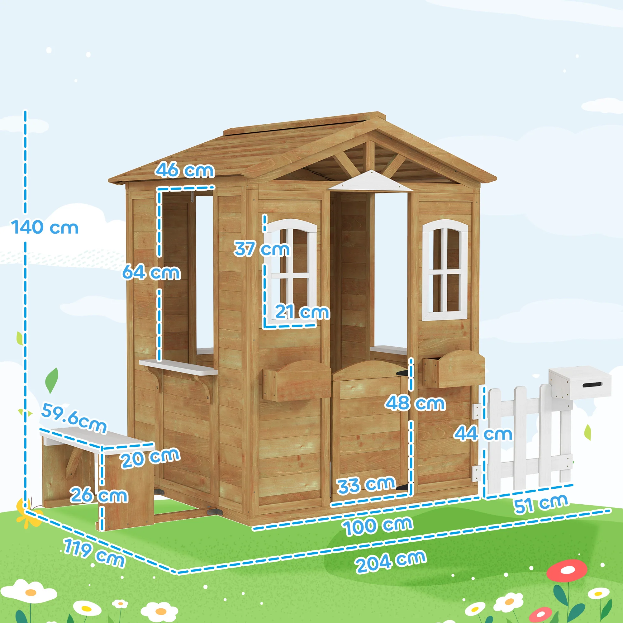Outsunny Wooden Outdoor Playhouse w/ Door Windows Bench for Kids Children - Image 5
