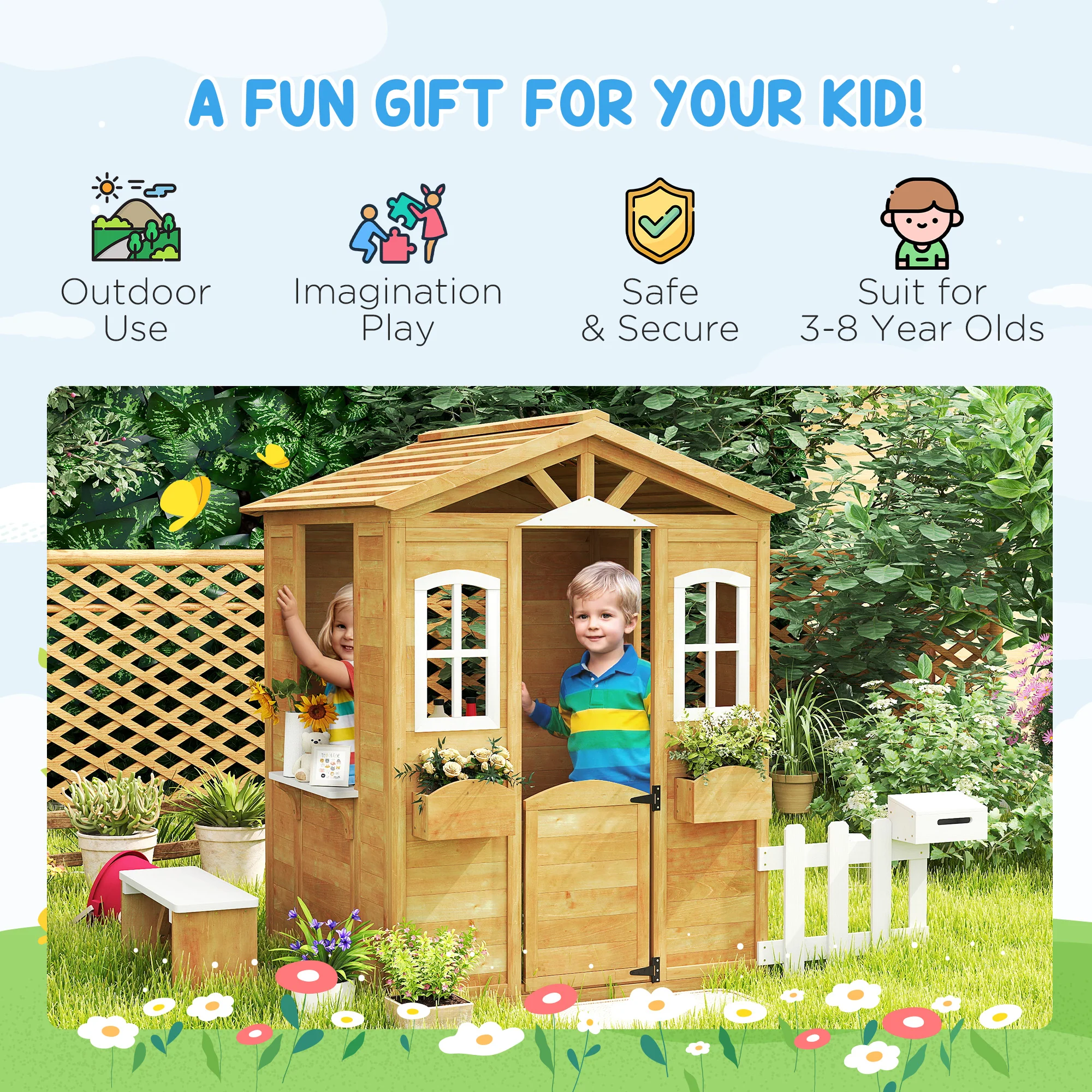 Outsunny Wooden Outdoor Playhouse w/ Door Windows Bench for Kids Children - Image 6