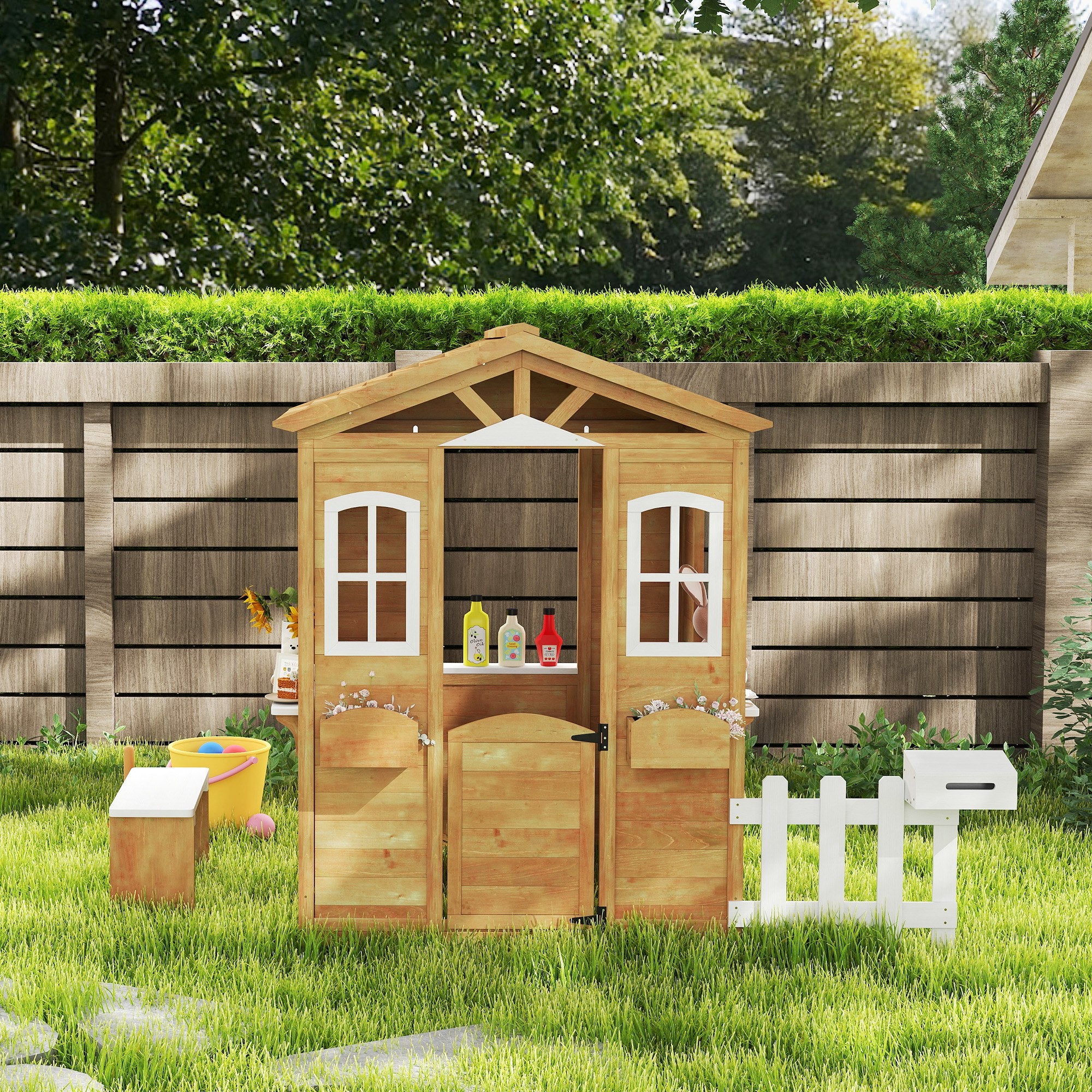 Outsunny Wooden Outdoor Playhouse w/ Door Windows Bench for Kids Children - Image 7