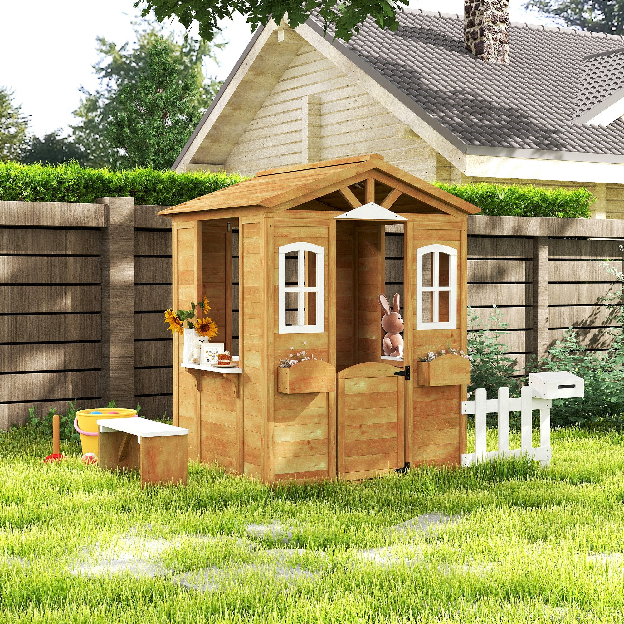 Outsunny Wooden Outdoor Playhouse w/ Door Windows Bench for Kids Children - Image 9