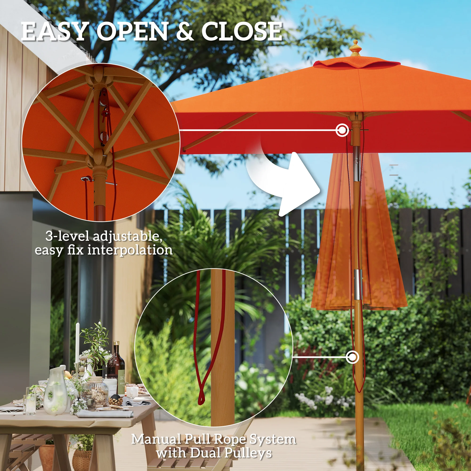 Outsunny Wooden Patio Umbrella Market Parasol Outdoor Sunshade Orange - Image 6