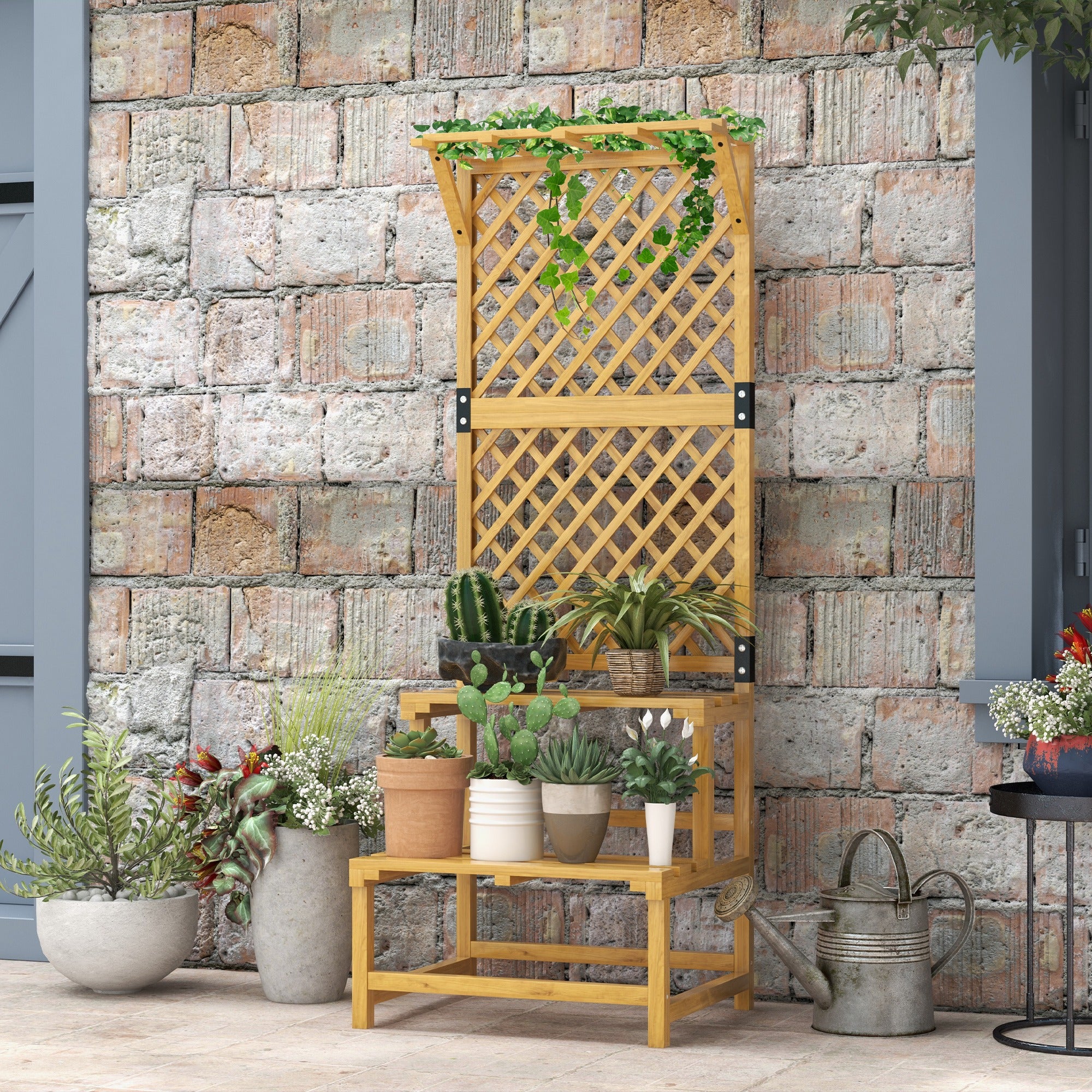 Outsunny Wooden Plant Stand with Trellis for Climbing Plants, Yellow - Image 2