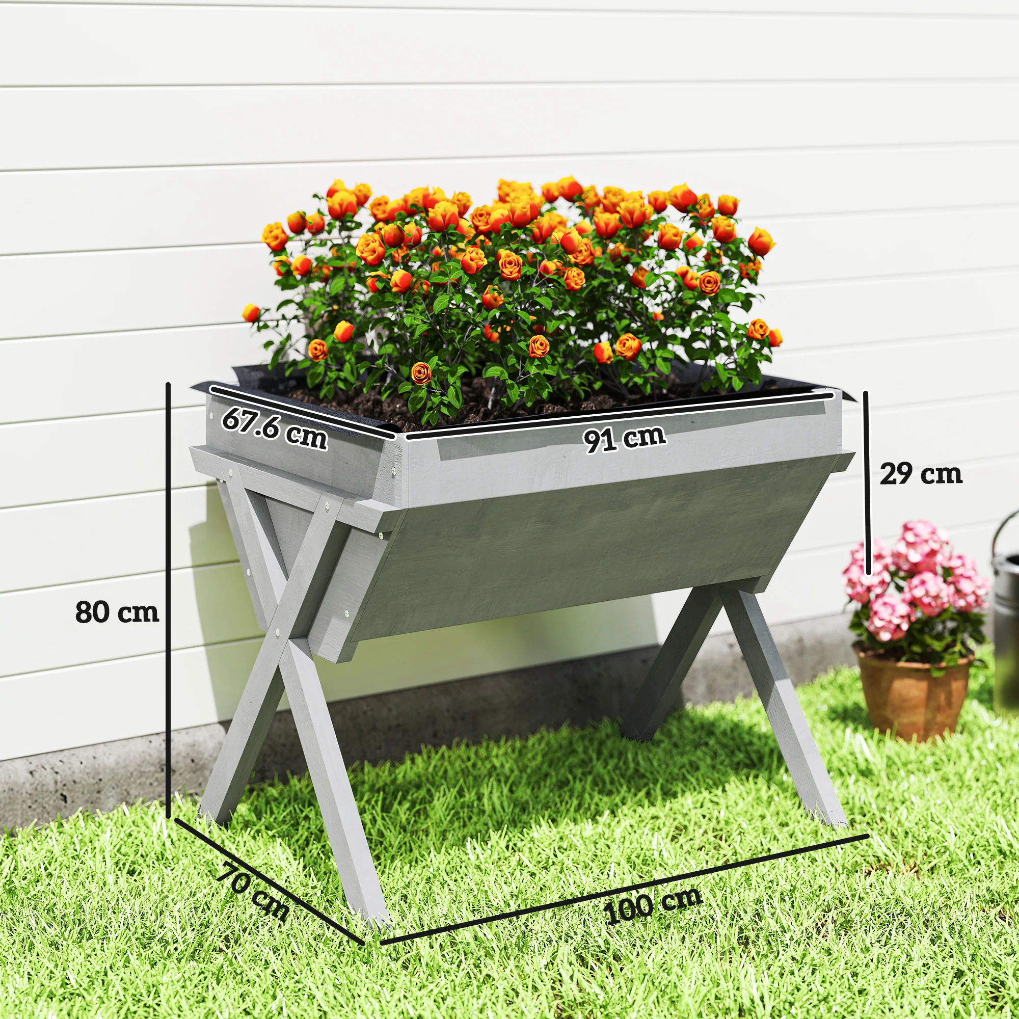 Outsunny Wooden Planter Raised Bed Stand Vegetable Flower Bed, Light Grey - Image 5