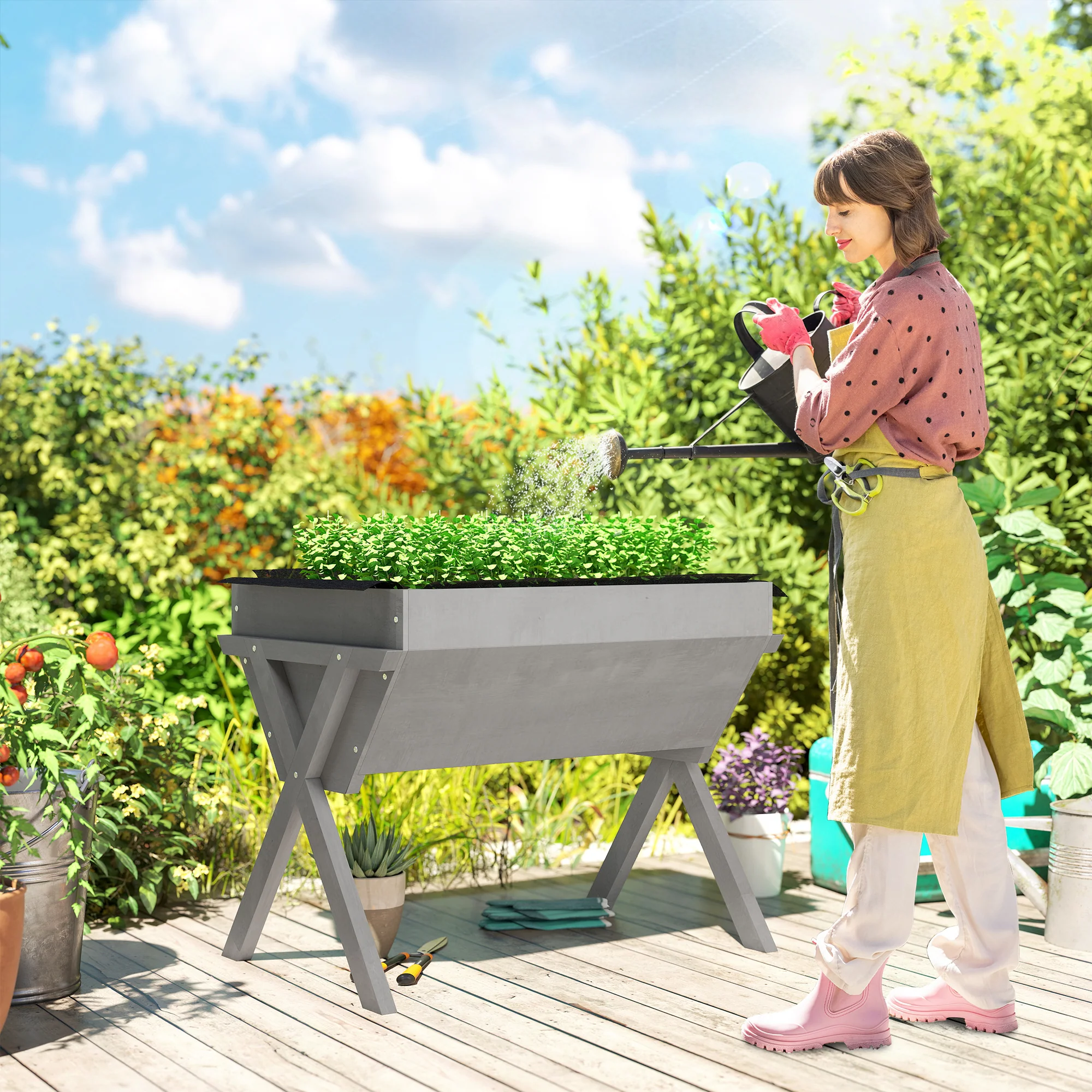 Outsunny Wooden Planter Raised Bed Stand Vegetable Flower Bed, Light Grey - Image 9