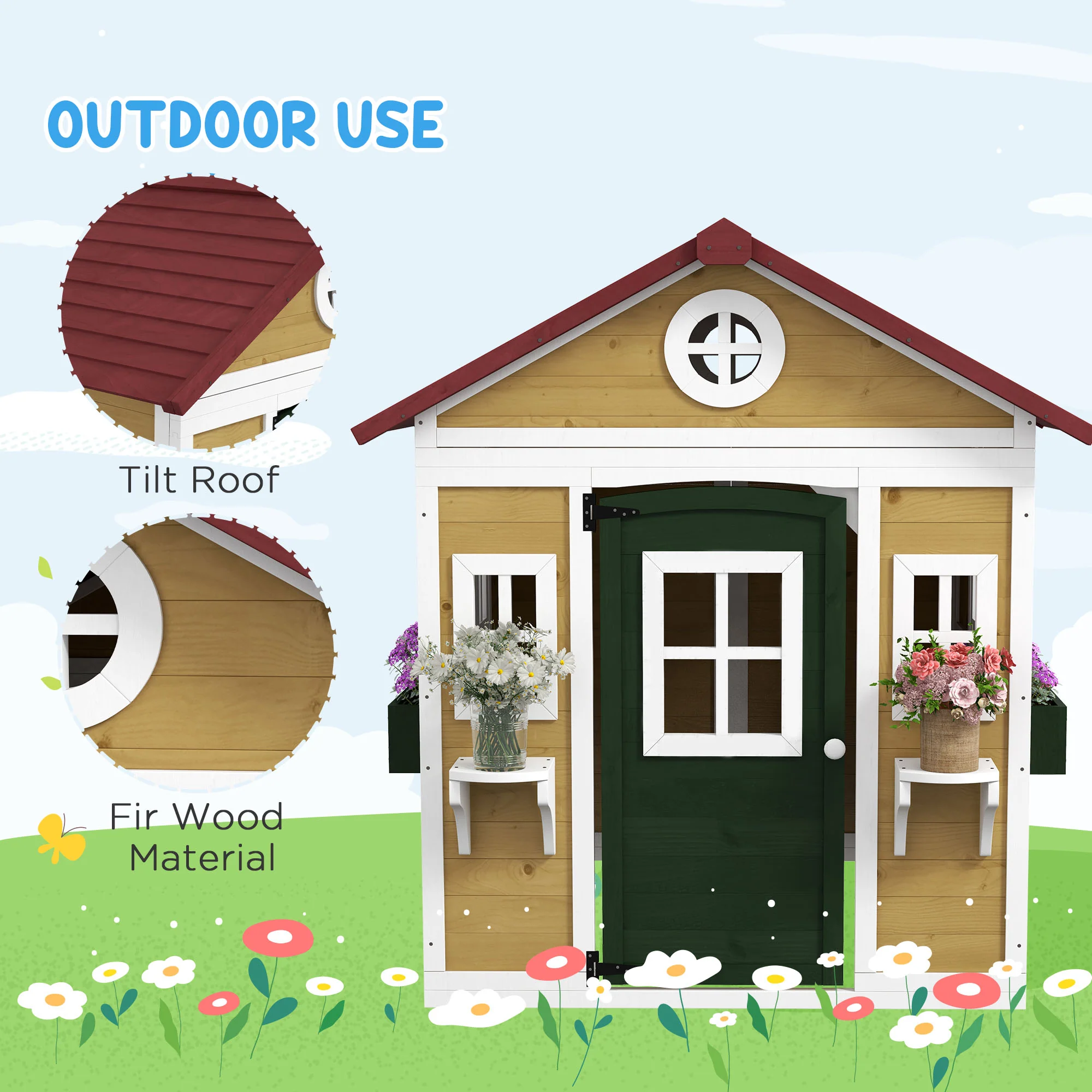 Outsunny Wooden Playhouse with Doors, Wooden, Plant Pots for Kids - Beige - Image 4