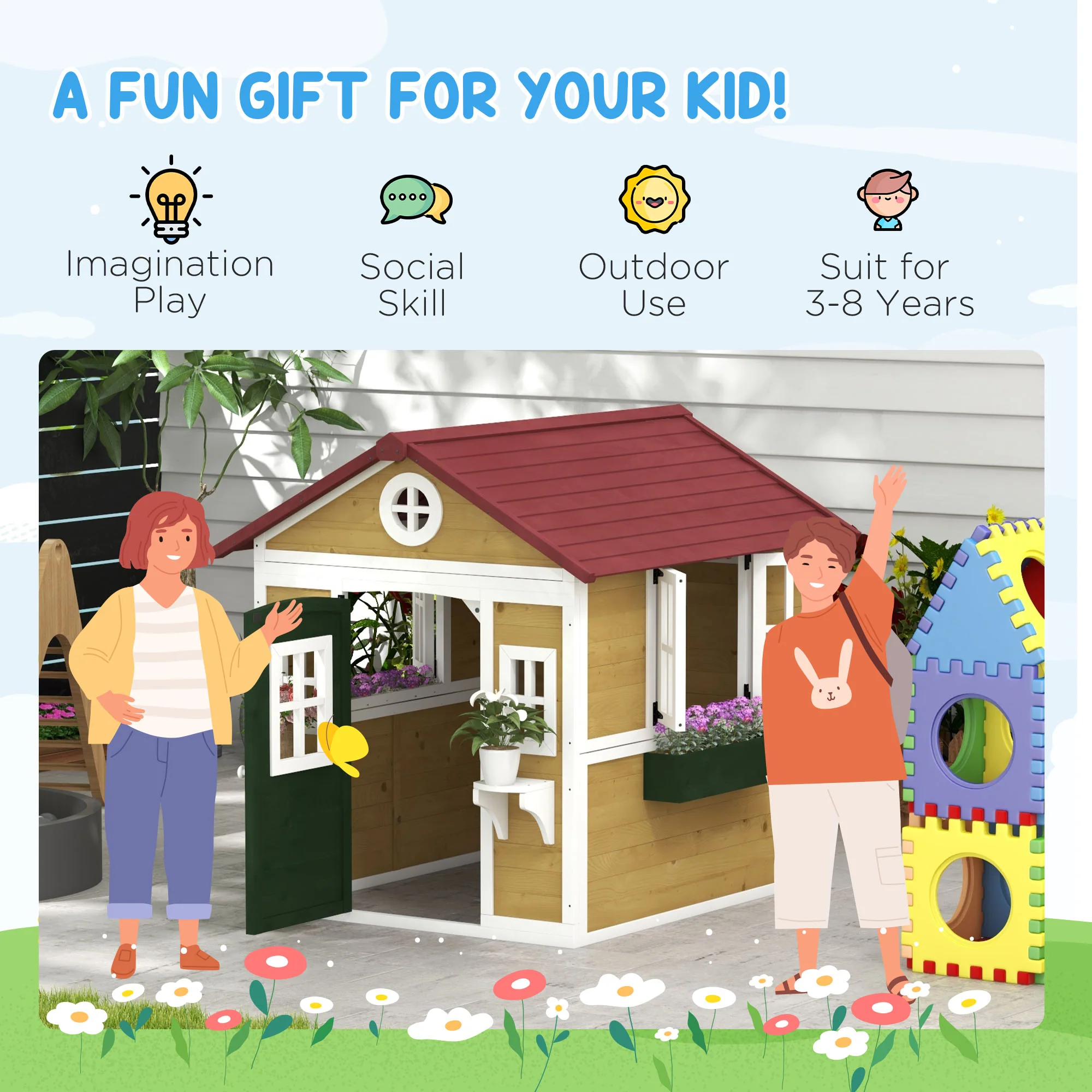 Outsunny Wooden Playhouse with Doors, Wooden, Plant Pots for Kids - Beige - Image 6
