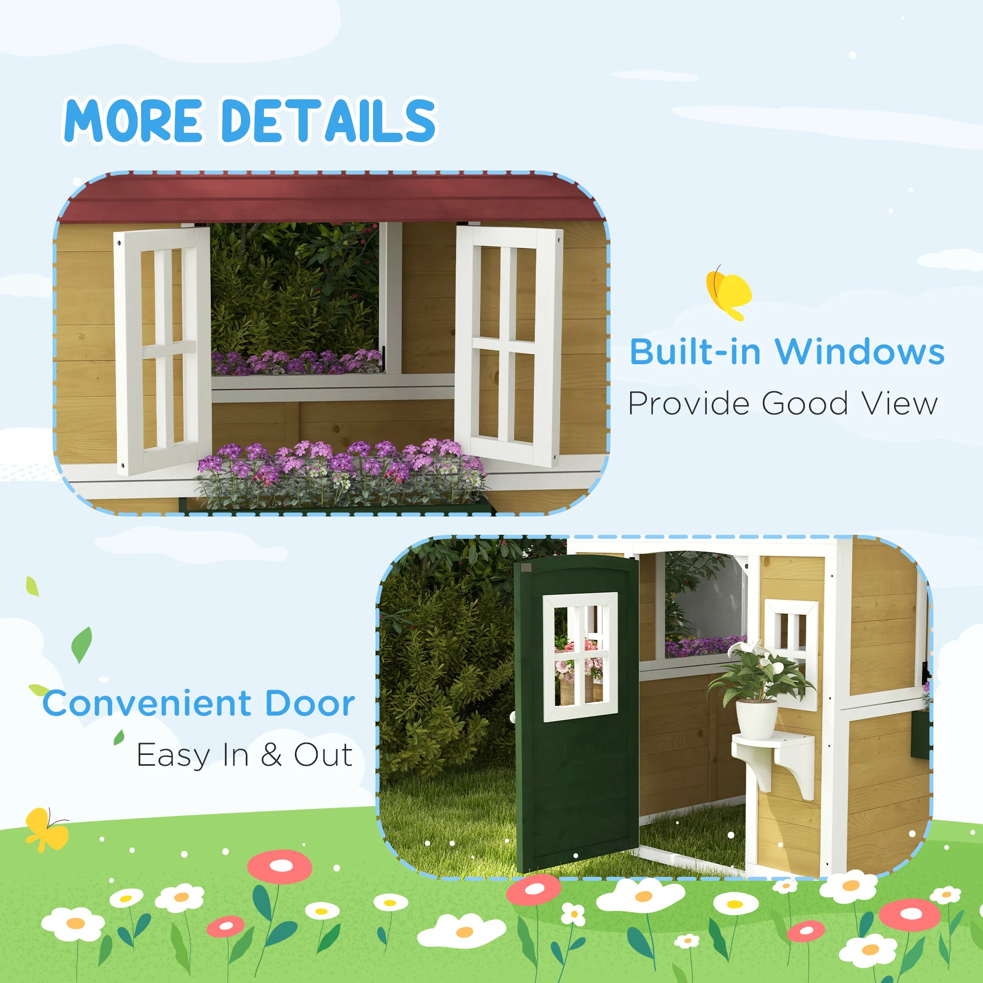 Outsunny Wooden Playhouse with Doors, Wooden, Plant Pots for Kids - Beige - Image 7