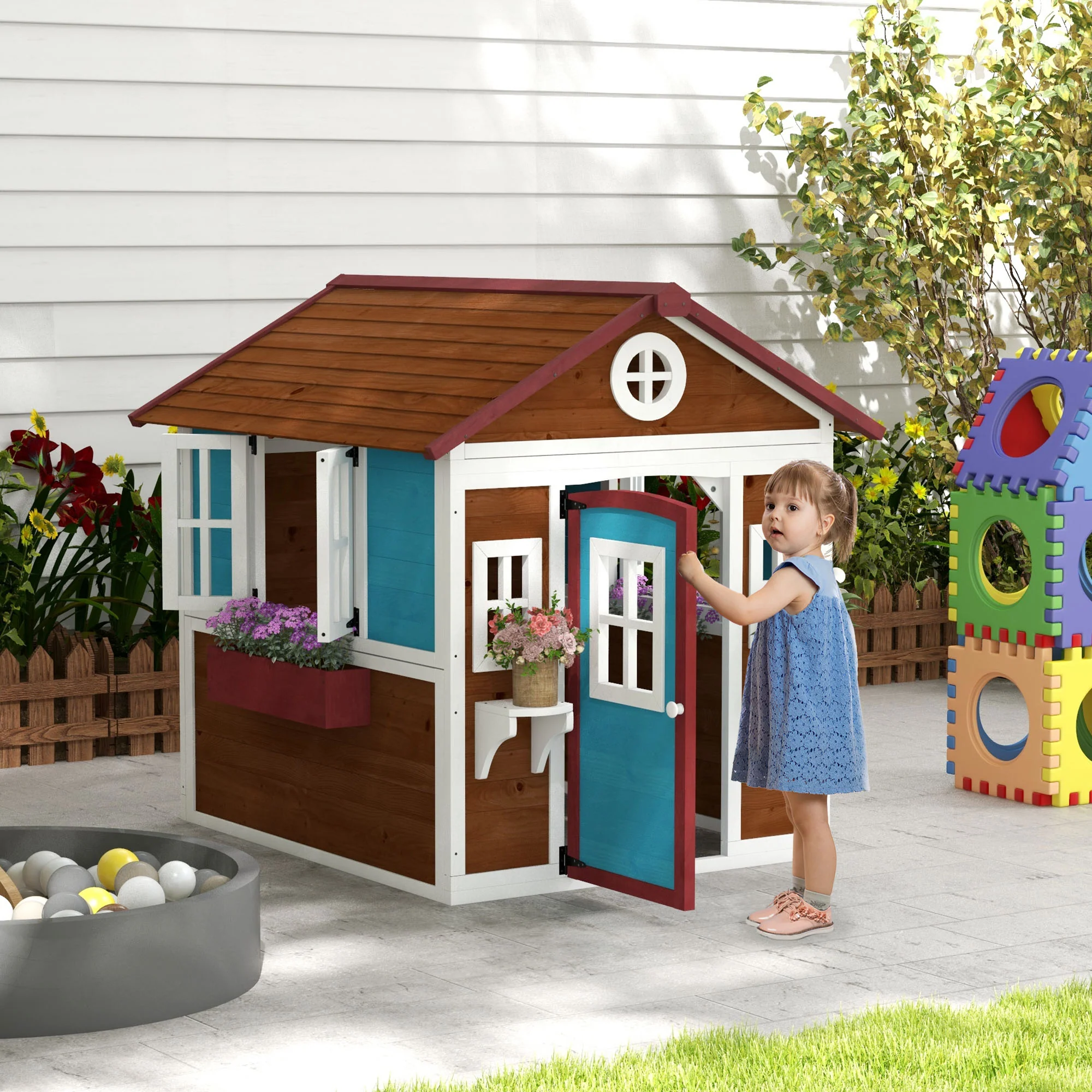 Outsunny Wooden Playhouse with Doors, Wooden, Plant Pots for Kids - Dark Brown - Image 2