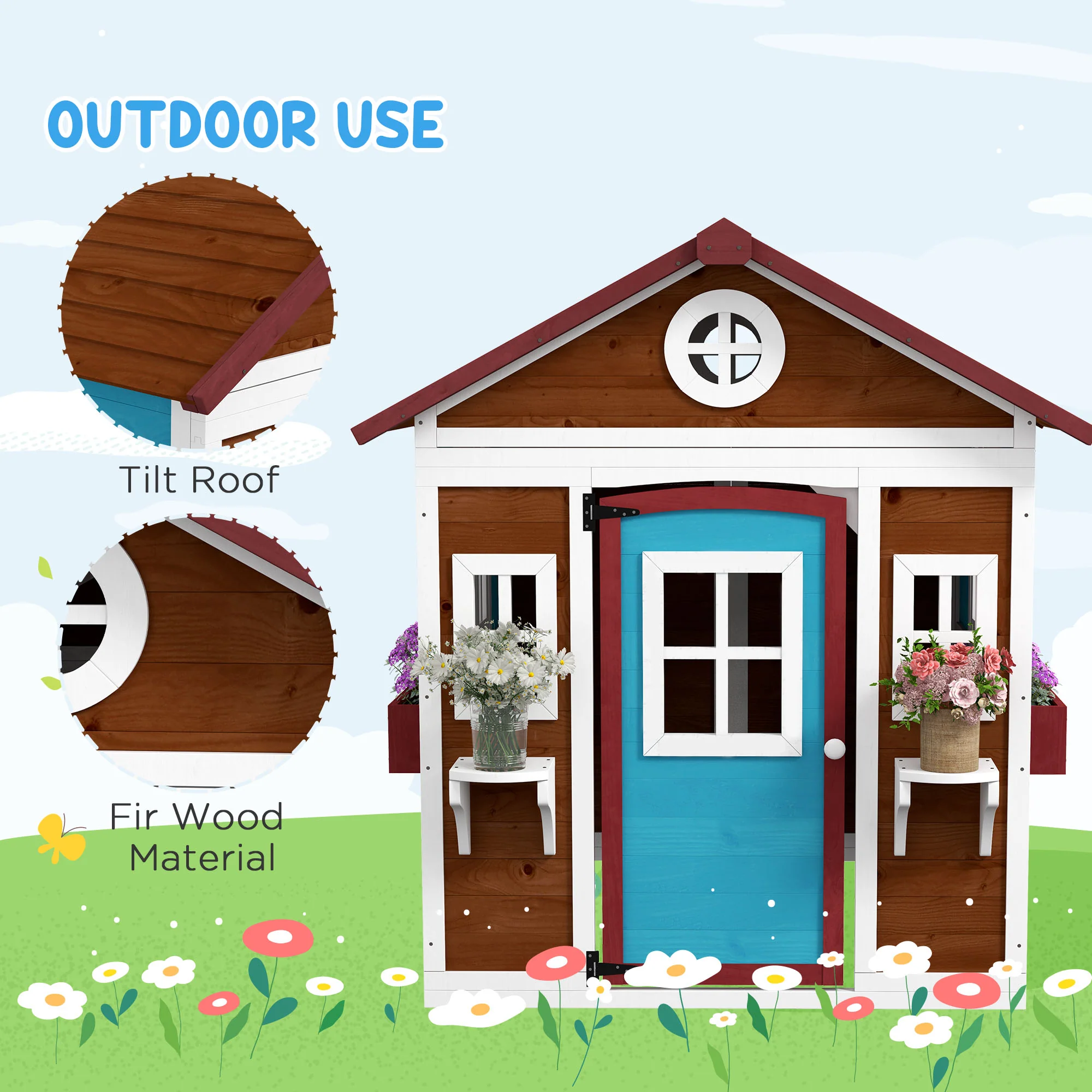 Outsunny Wooden Playhouse with Doors, Wooden, Plant Pots for Kids - Dark Brown - Image 4