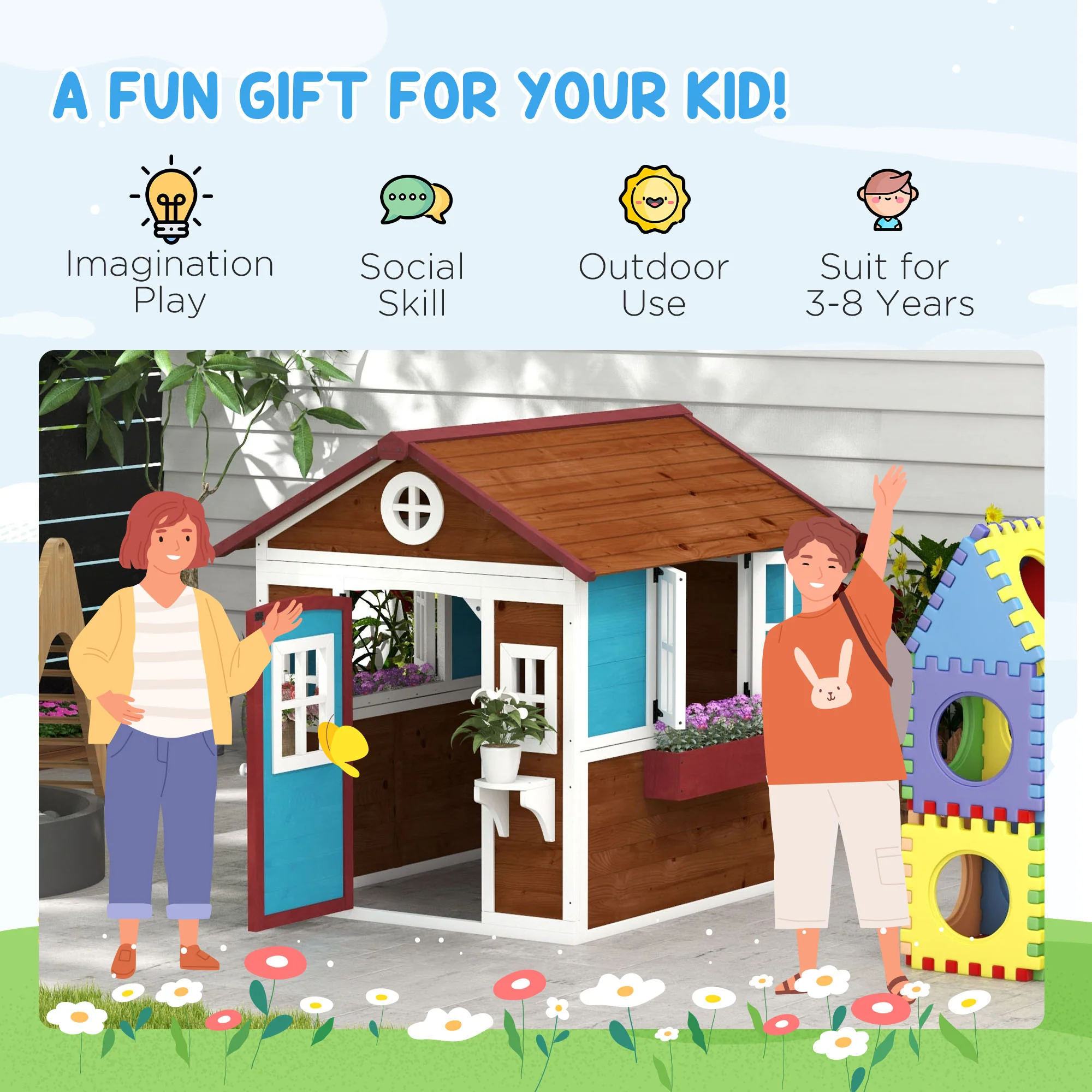 Outsunny Wooden Playhouse with Doors, Wooden, Plant Pots for Kids - Dark Brown - Image 6