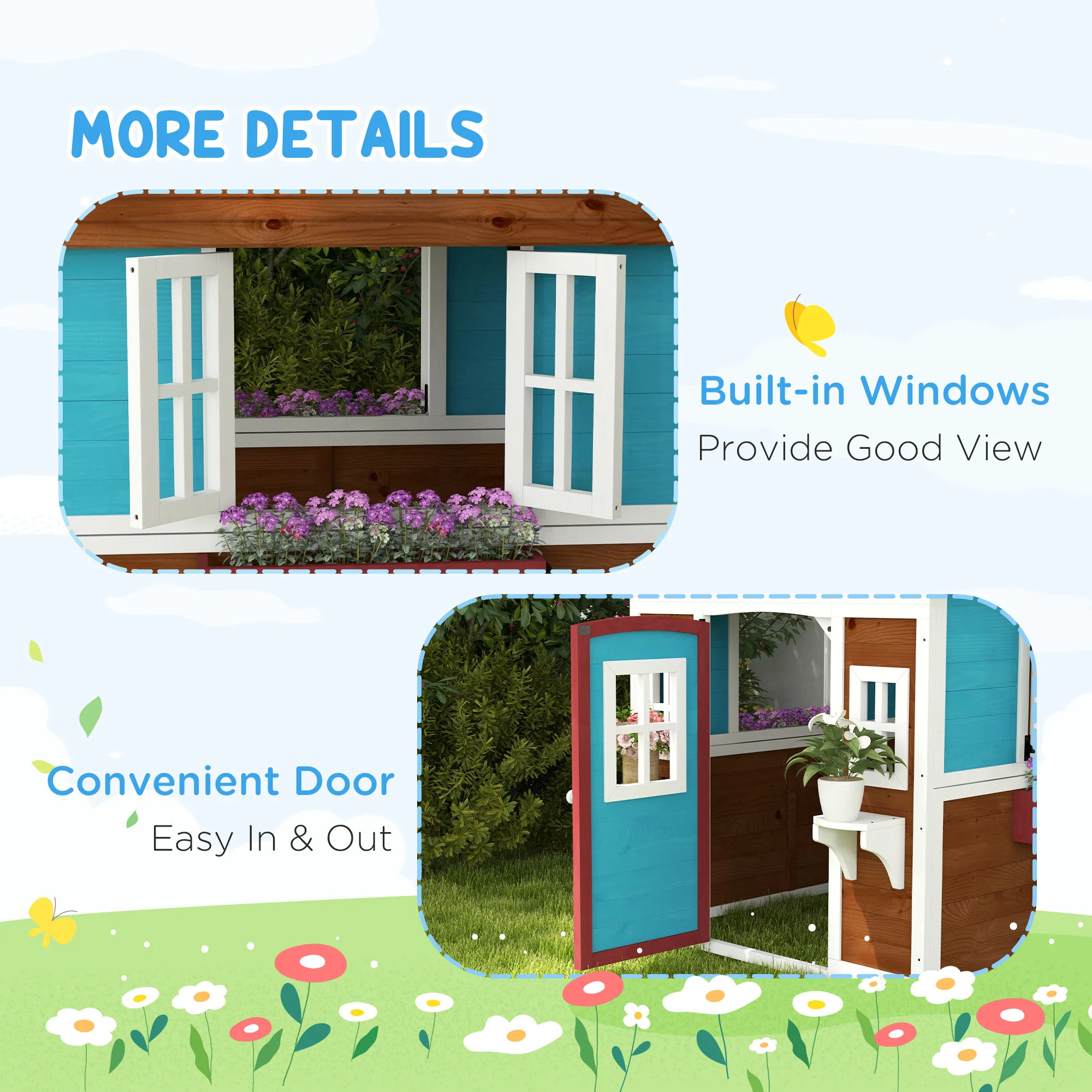 Outsunny Wooden Playhouse with Doors, Wooden, Plant Pots for Kids - Dark Brown - Image 7