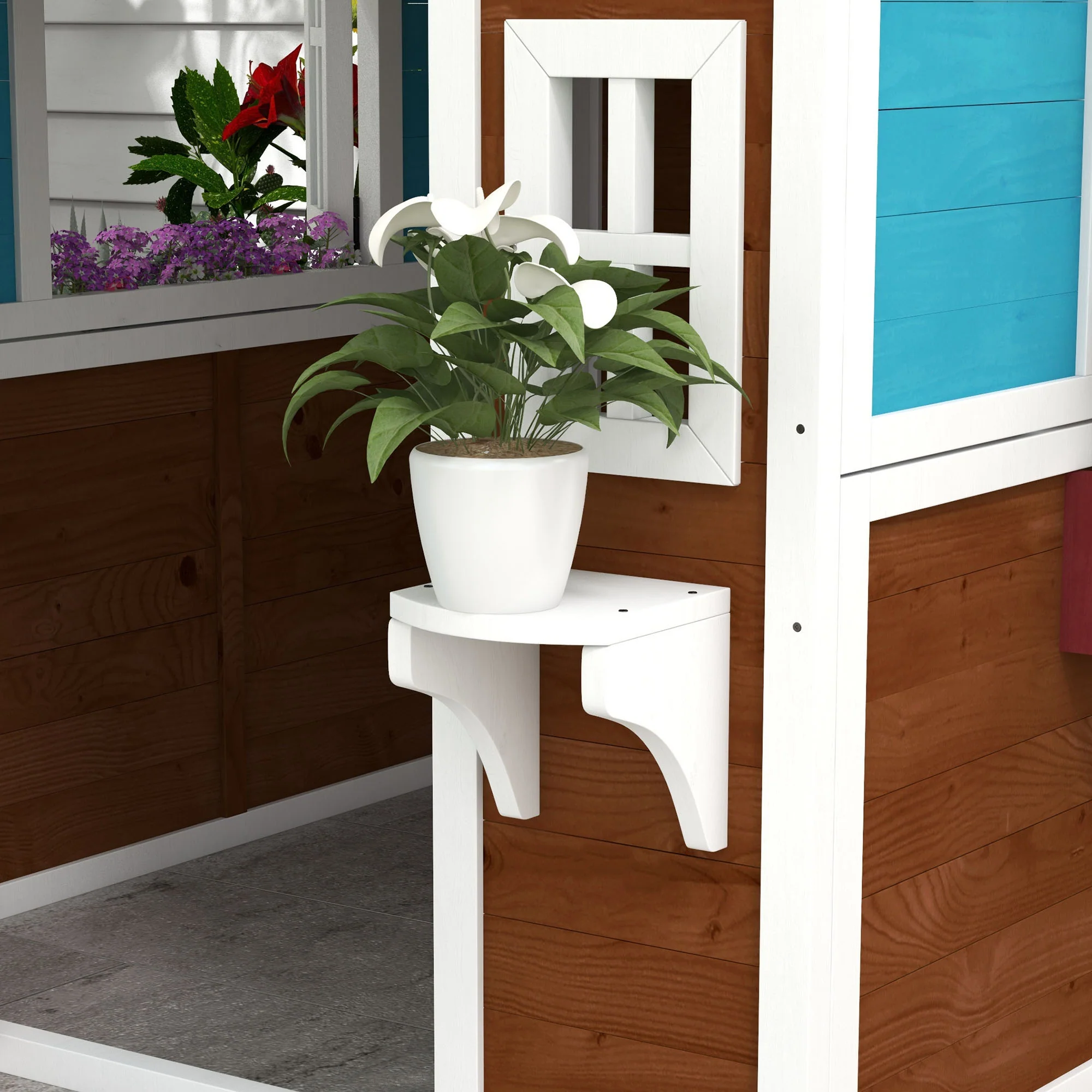Outsunny Wooden Playhouse with Doors, Wooden, Plant Pots for Kids - Dark Brown - Image 8