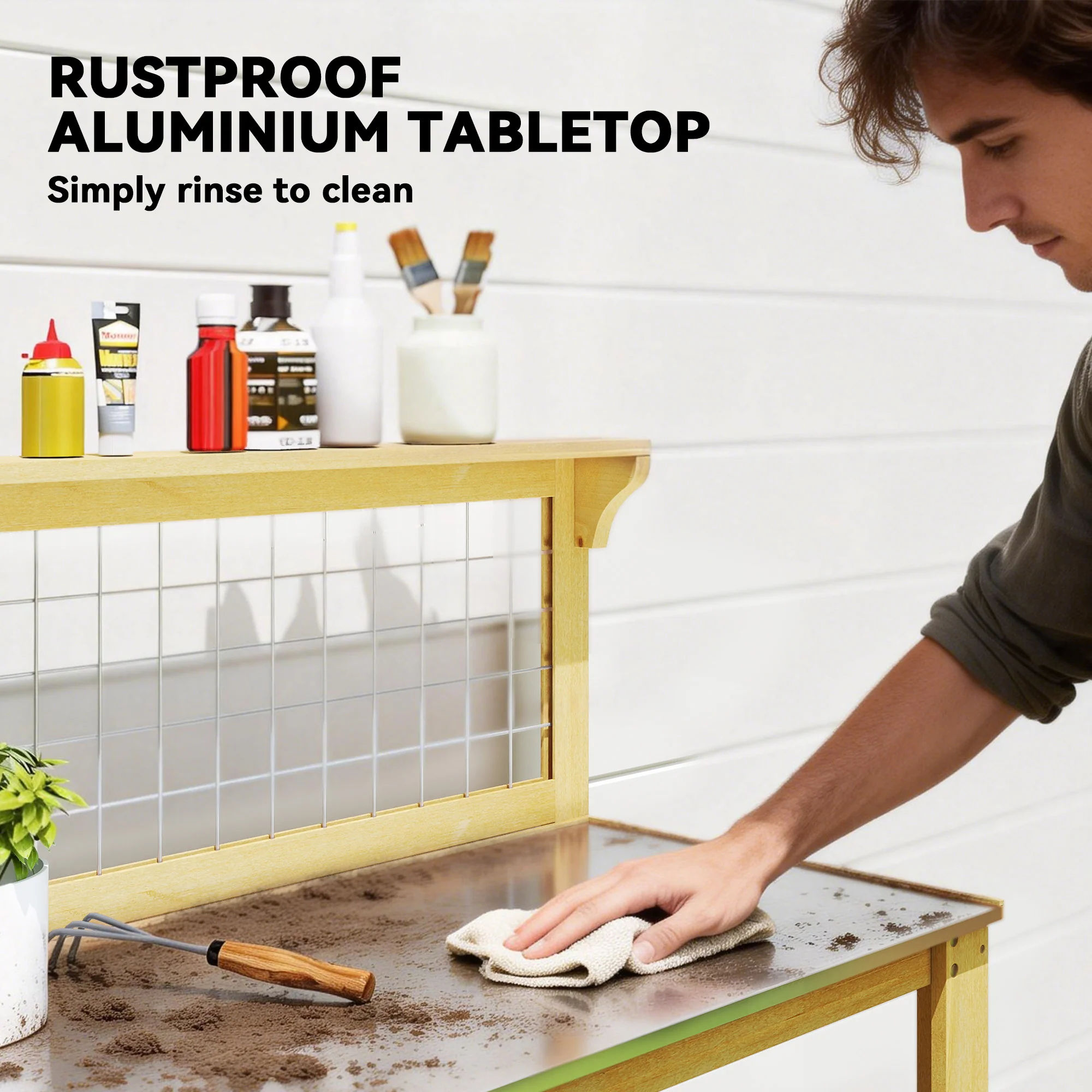Outsunny Wooden Potting Bench Table with Aluminium Worktop - Image 4