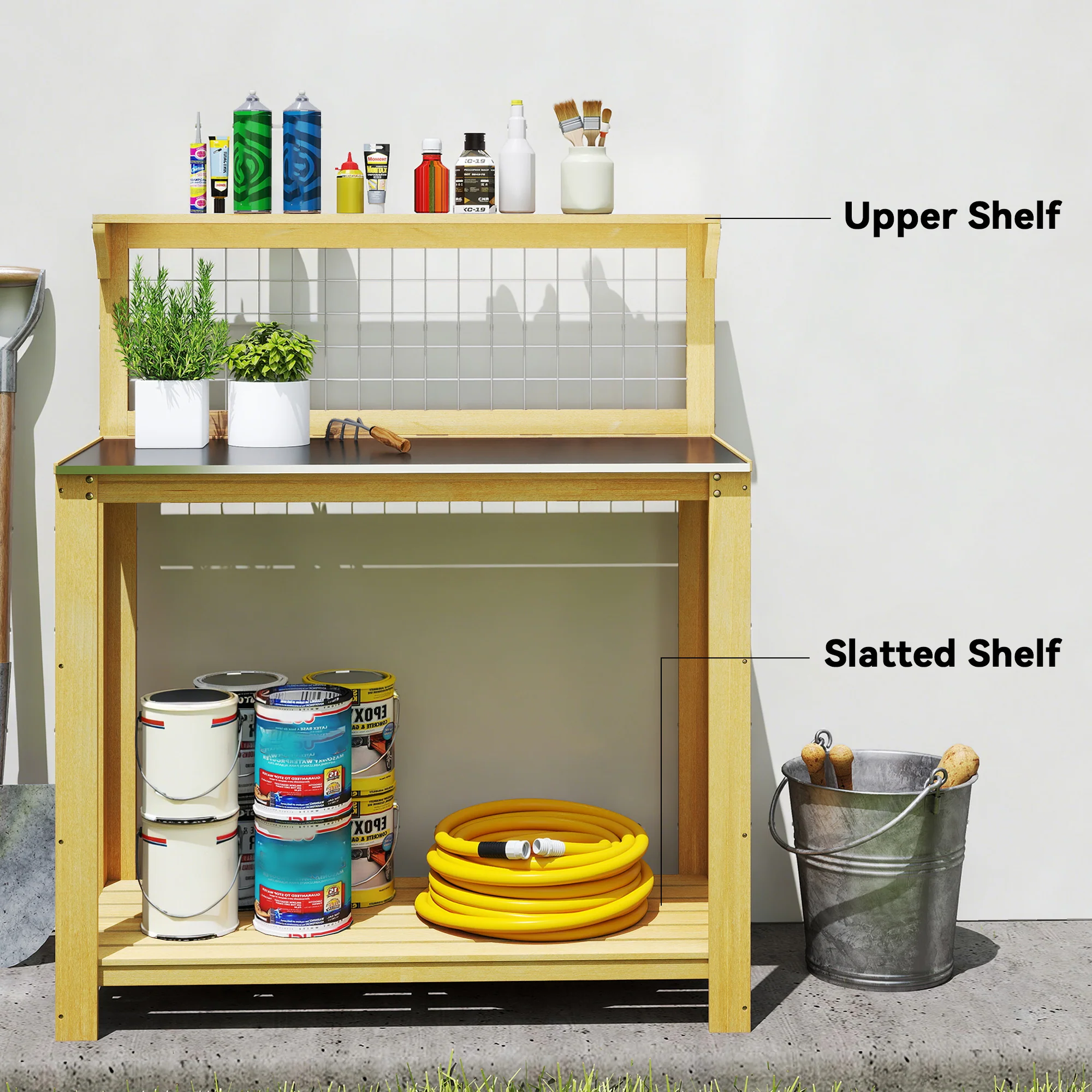 Outsunny Wooden Potting Bench Table with Aluminium Worktop - Image 5