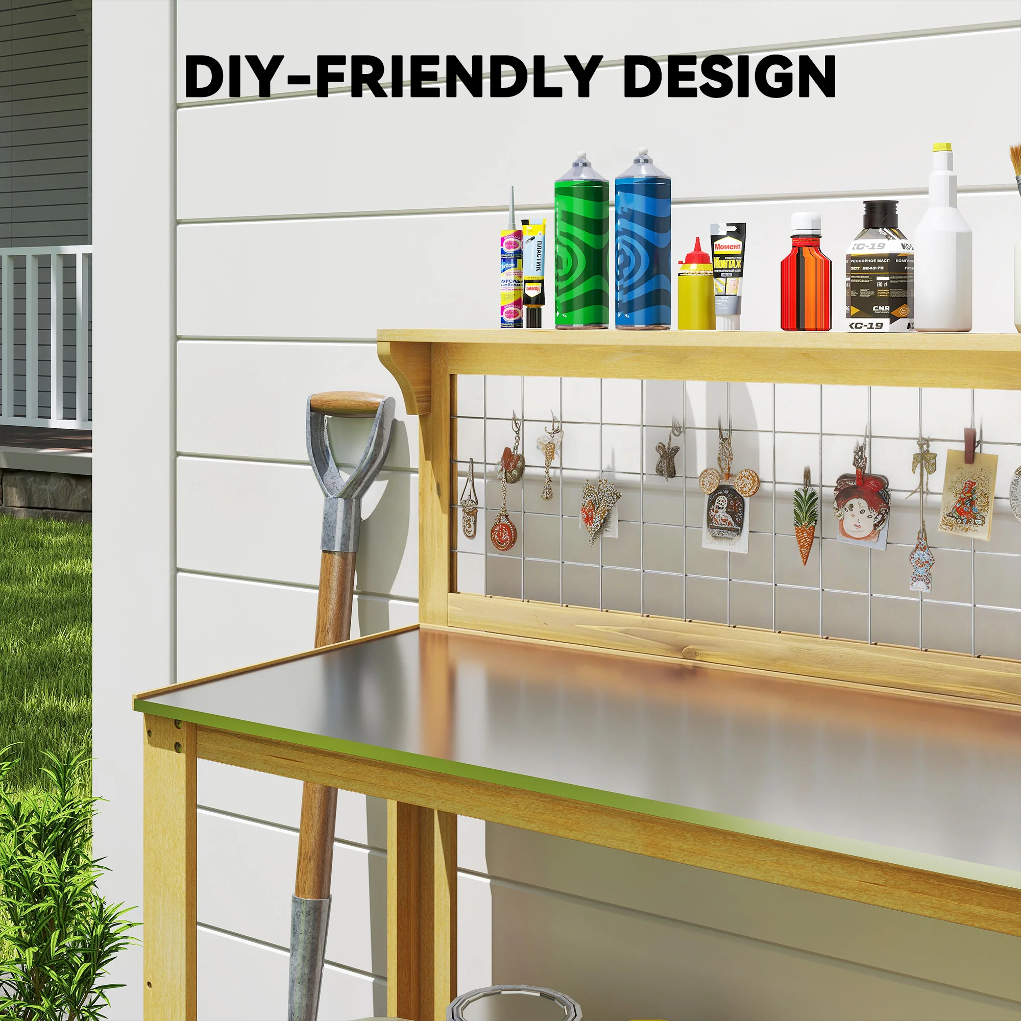 Outsunny Wooden Potting Bench Table with Aluminium Worktop - Image 6