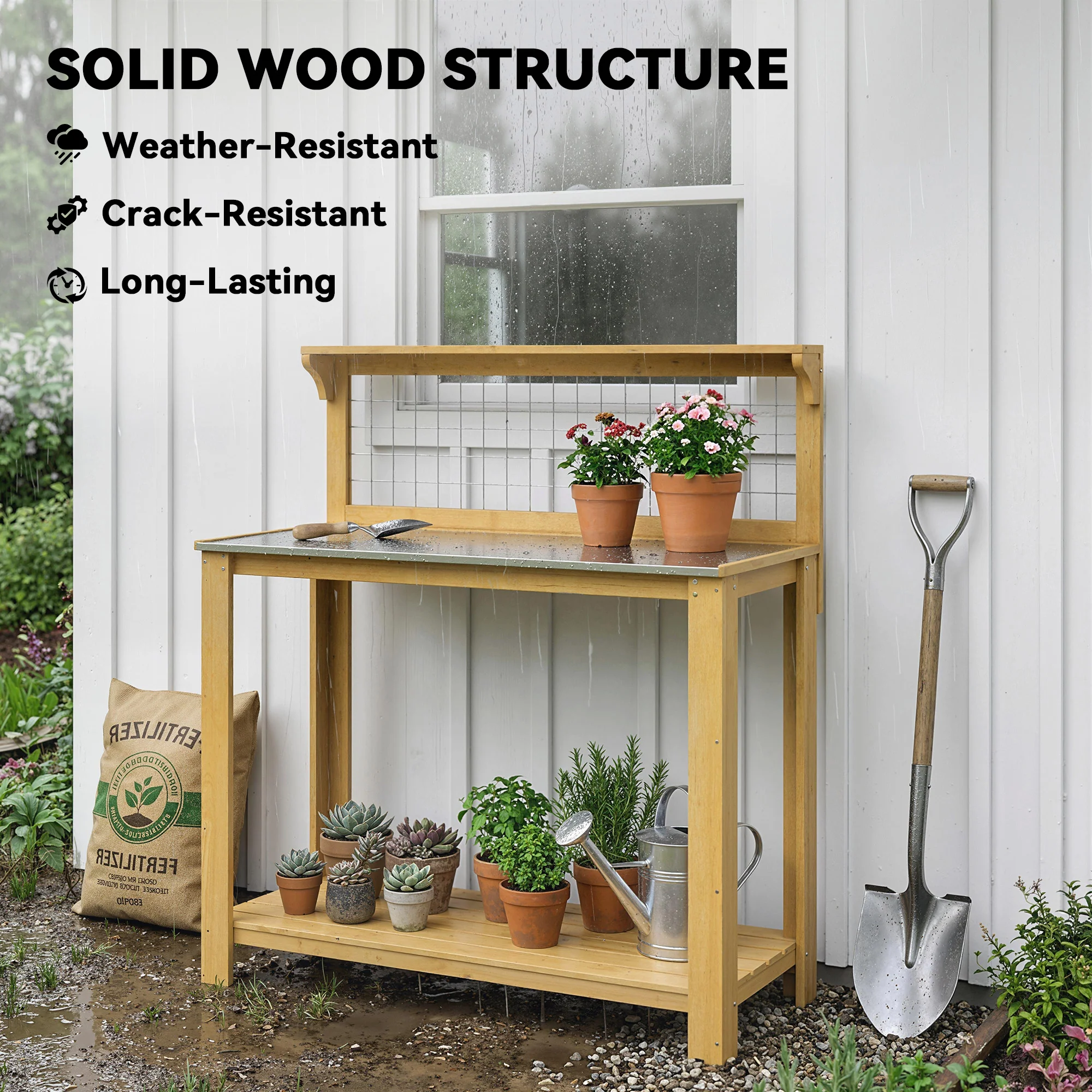 Outsunny Wooden Potting Bench Table with Aluminium Worktop - Image 7
