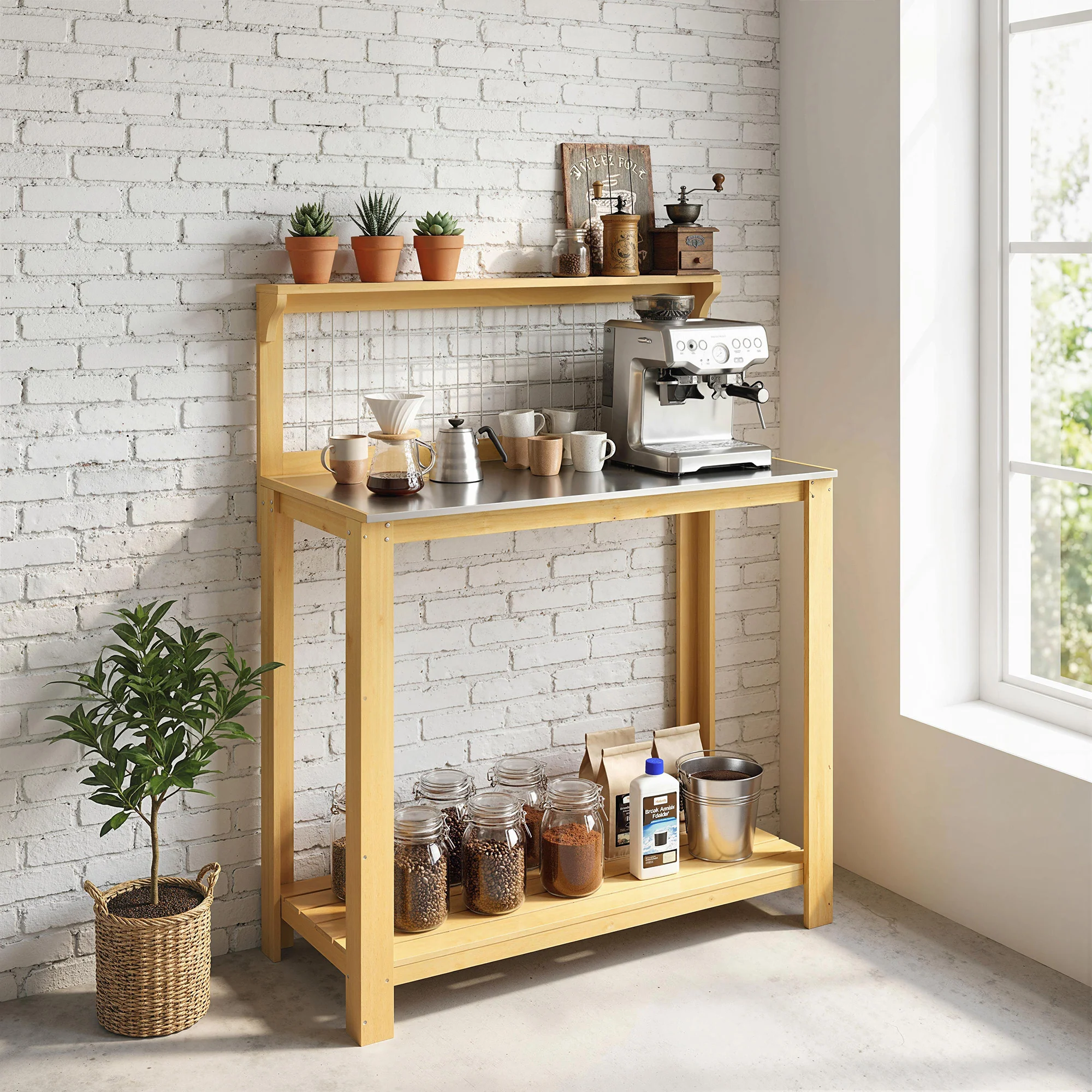 Outsunny Wooden Potting Bench Table with Aluminium Worktop - Image 8